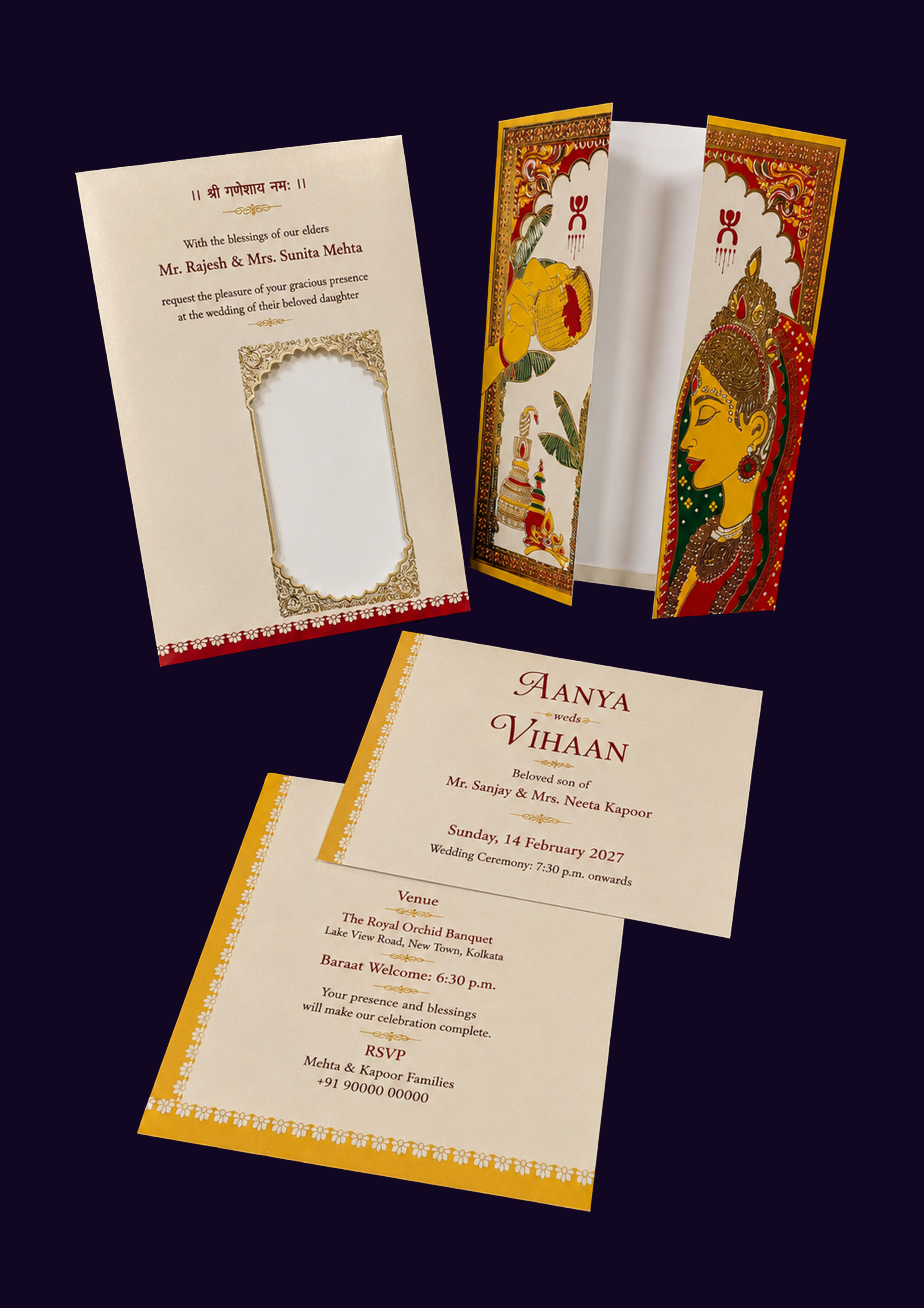 Traditional Bengali Bride & Groom Gatefold Wedding Invitation Card with Window-Cut Cover E-commerce Product Title (1)