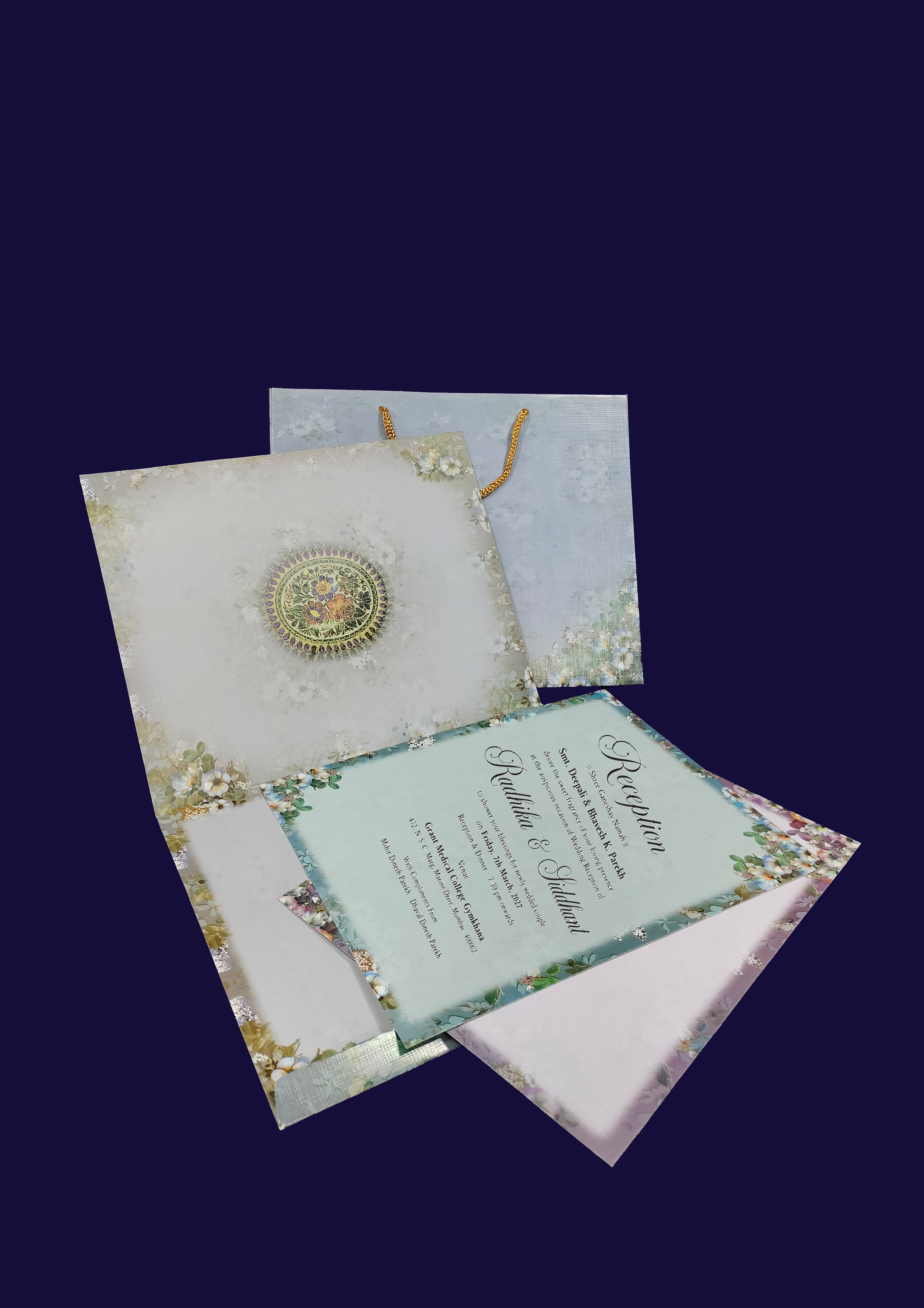 Dusty Blue Floral Wedding Invitation Card with Ornate Personalised Nameplate (522)