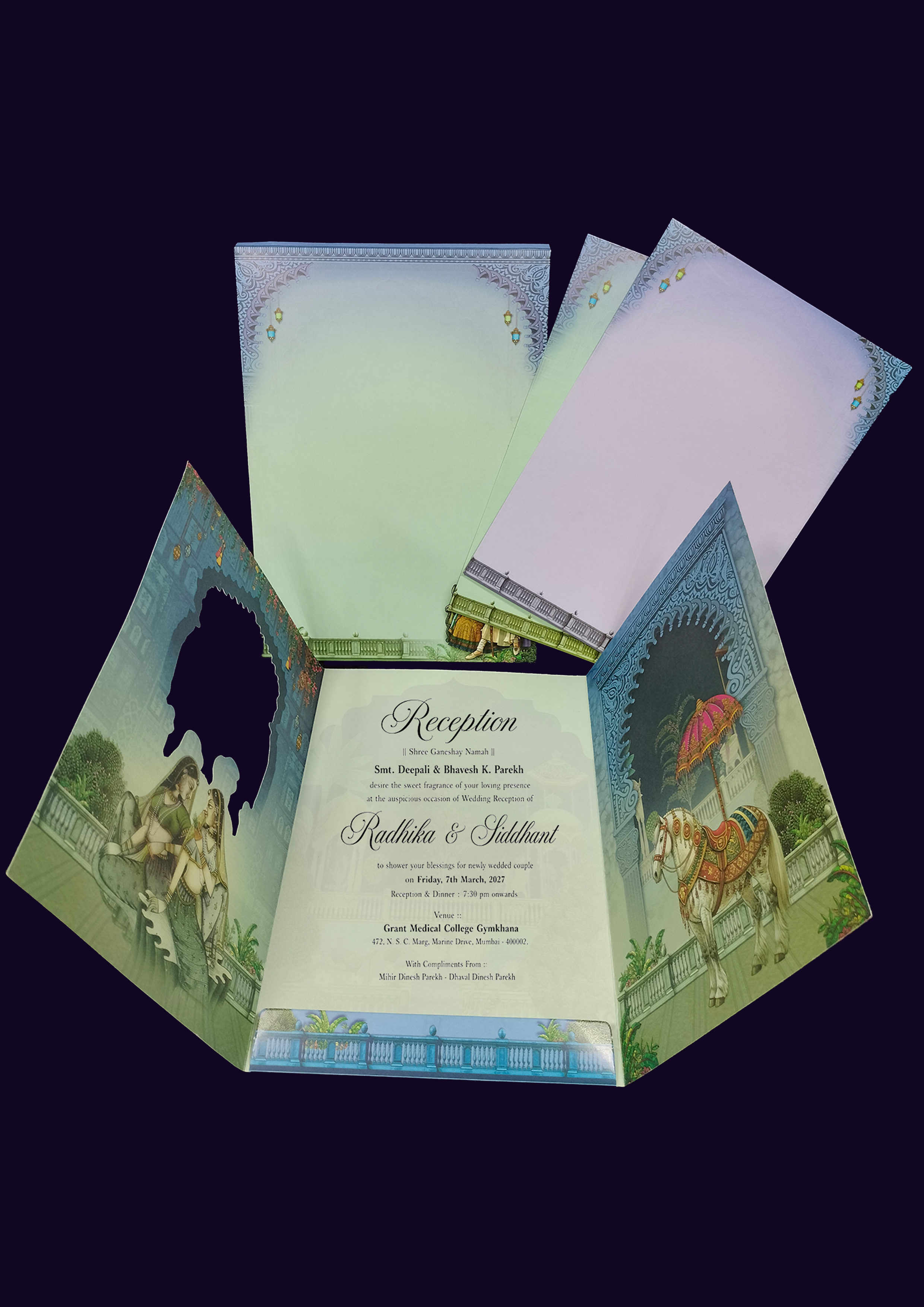 Royal Blue Palace Wedding Reception Invitation Set with Seated Bride-Groom and Ganesh Motif (542)