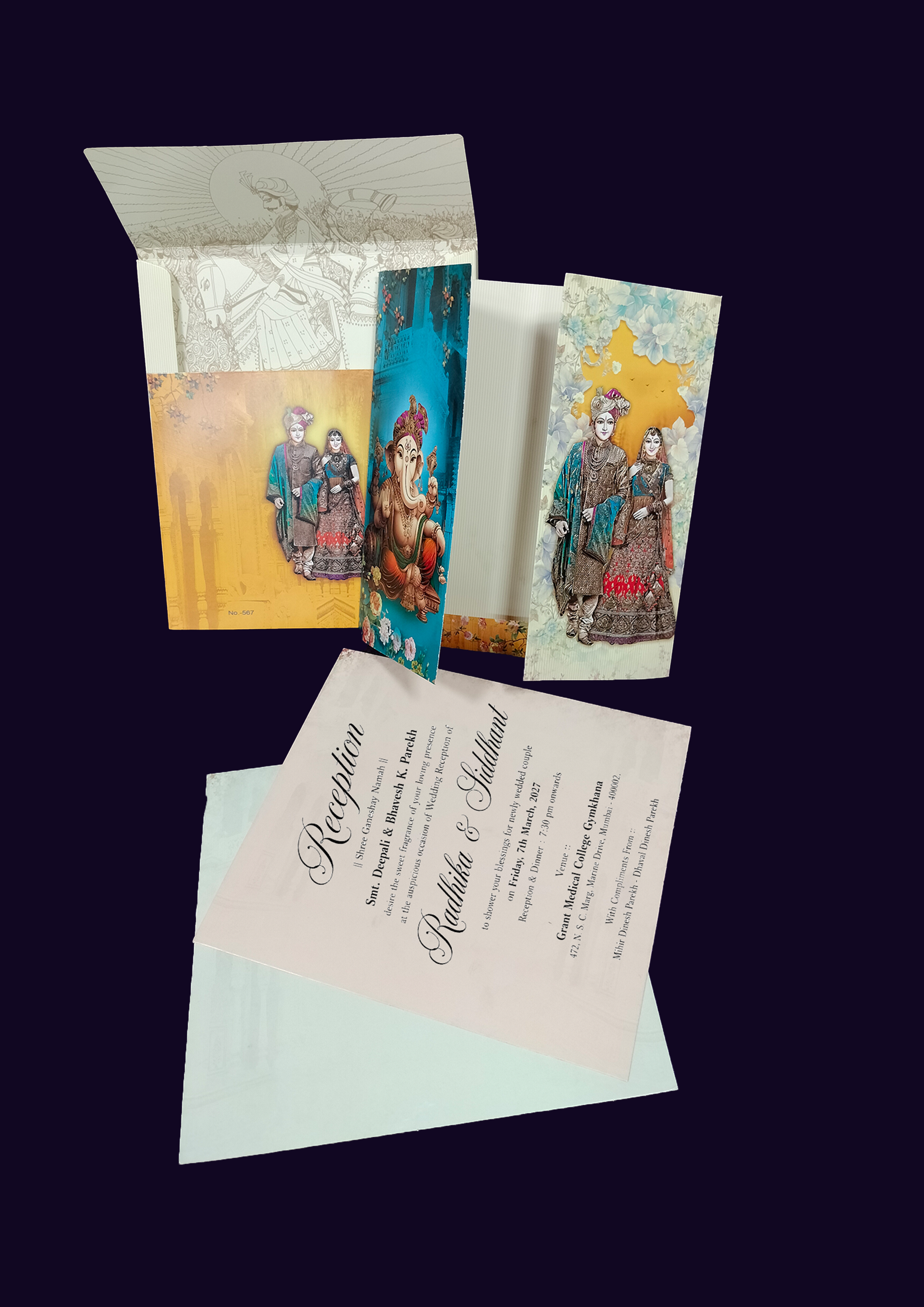 Royal Teal Ganesha Wedding Invitation Box Set with Bride-Groom Artwork (567)
