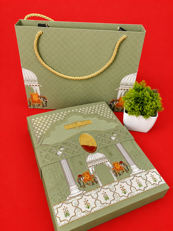 Sage Green Royal Elephant and Palace Theme Wedding Card Box with Bag ("B-0513")