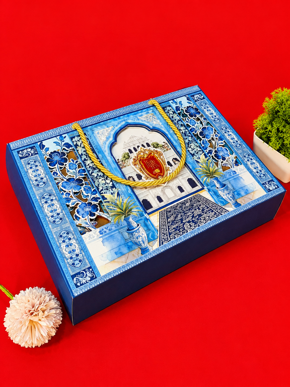 Blue Traditional Palace Architecture Wedding Invitation Box with Floral Cutouts ("B-0151")