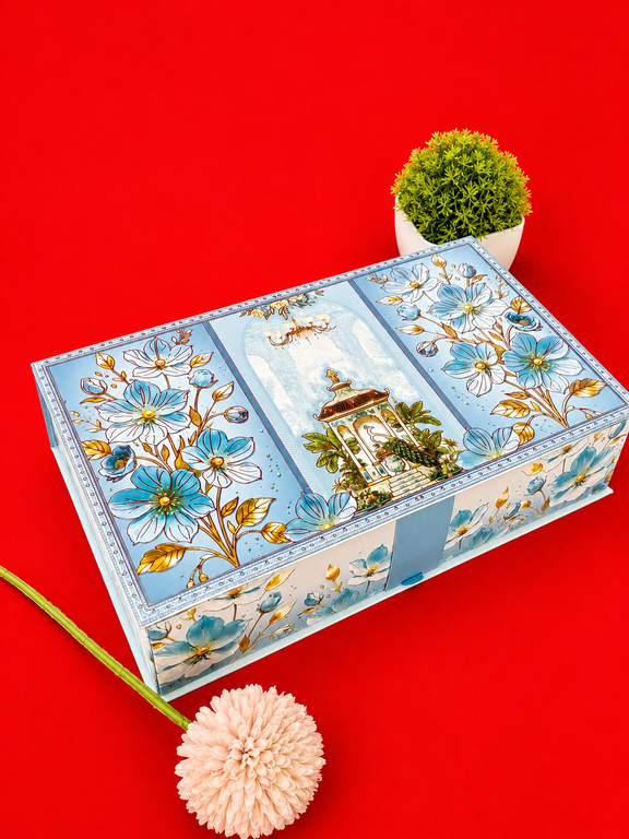 Light Blue Floral Wedding Box Invitation with Gazebo and Peacock Illustration ("B-0152")