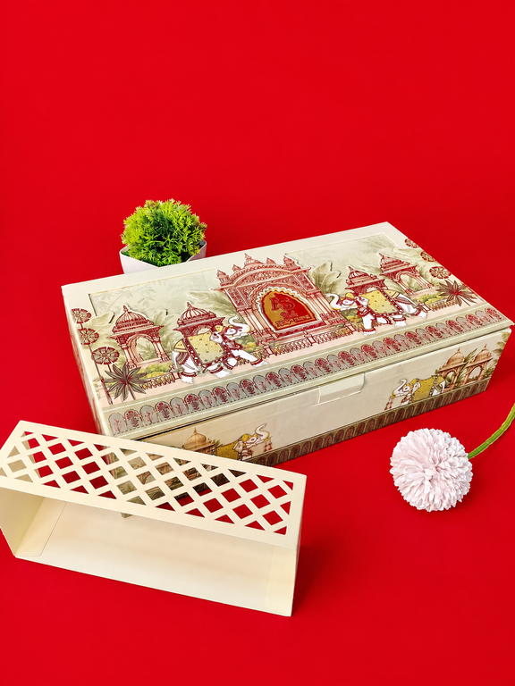 Off White Regal Indian Wedding Box with Elephant and Palace Illustrations ("B-0131")