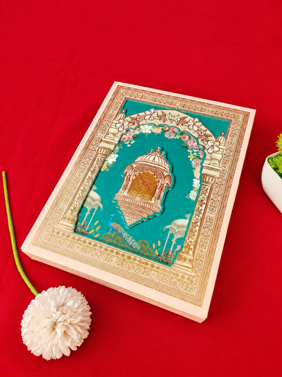 Teal Jharokha Wedding Invitation Card with Floral Arch and Peacock Motifs ("B-0114")
