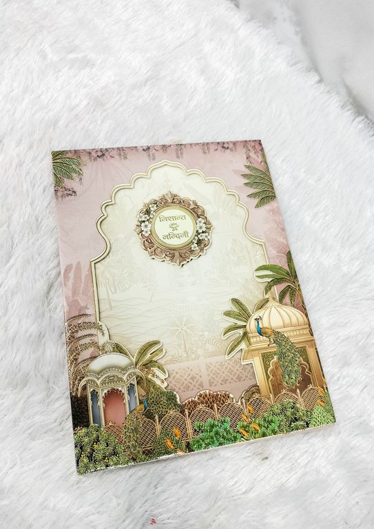 Traditional Pastel Pink Wedding Invitation Card with Palace Dome and Peacock Motifs ("AC-593")
