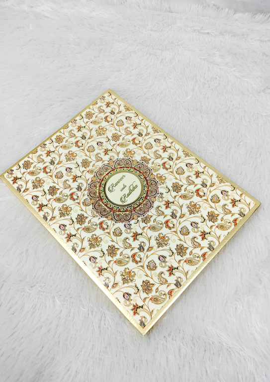 Cream Floral Paisley Wedding Invitation Card with Gold Border Frame ("AC-579")
