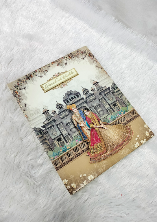 Traditional Royal Wedding Procession Invitation Card with Palace and Elephant Illustration ("AC-557")