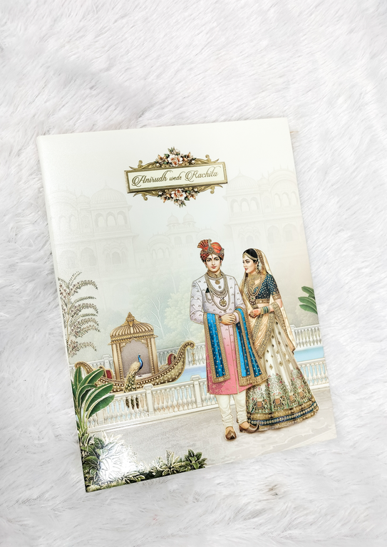 Off White Royal Palace Indian Wedding Card with Couple Illustration ("AC-569")