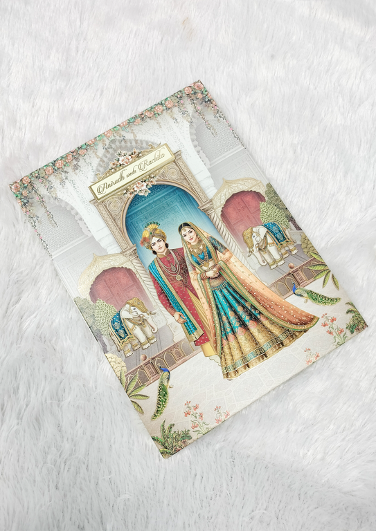Off White Palace Arch Wedding Card with Elephant Motifs and Floral Garland ("AC-568")