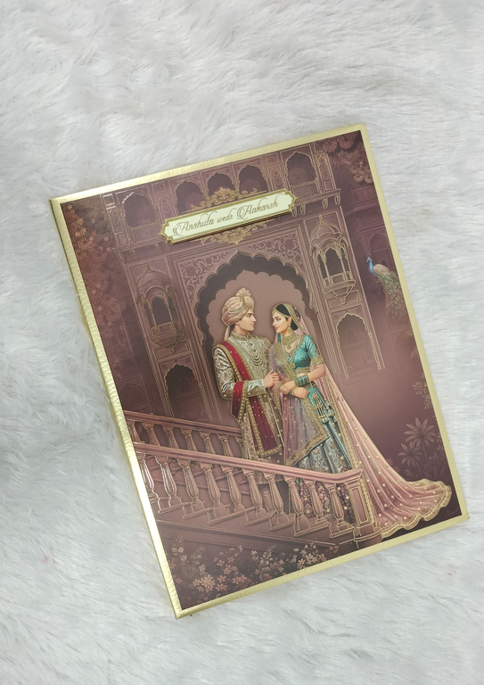 Palace Architecture Indian Bride and Groom Illustration Gold Framed Wedding Card ("AC-582")