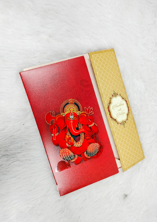 Red Lord Ganesha Wedding Invitation Card with Gold Geometric Pattern Flap ("AC-564")