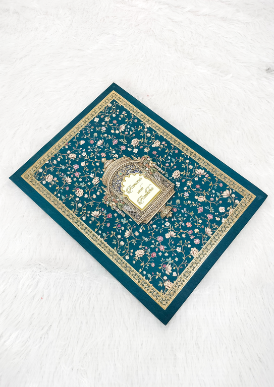 Dark Teal Floral Wedding Invitation Card with Gold Jharokha Motif ("AC-573")