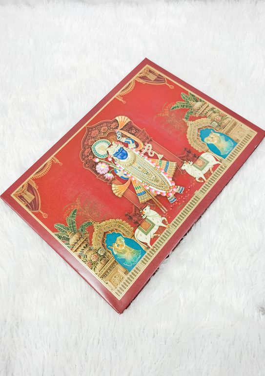 Deep Red Shrinathji Pichwai Art Traditional Indian Wedding Card ("AC-608")