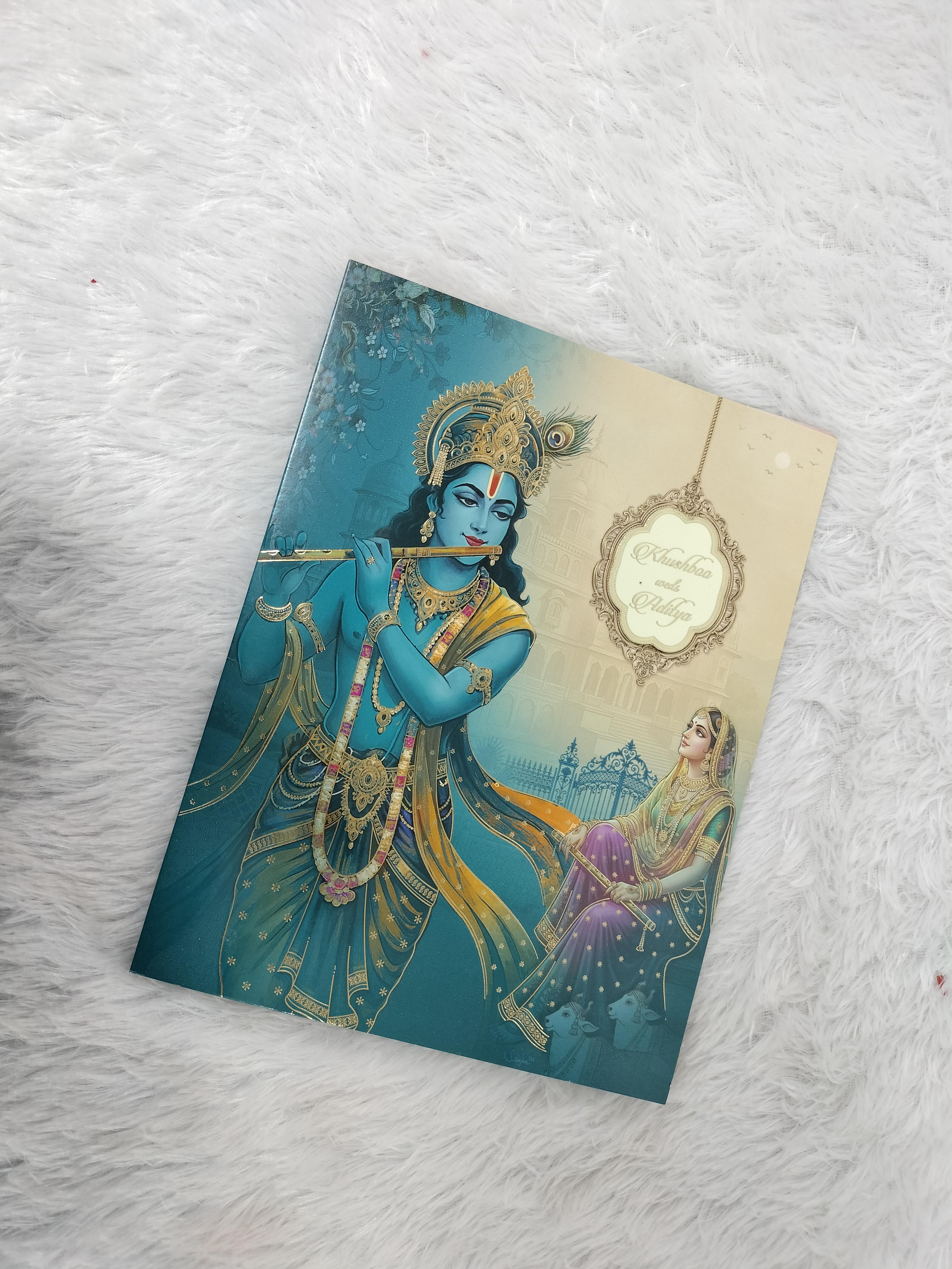 Traditional Radha Krishna Flute Artwork Teal and Gold Wedding Invitation Card ("AC-502")