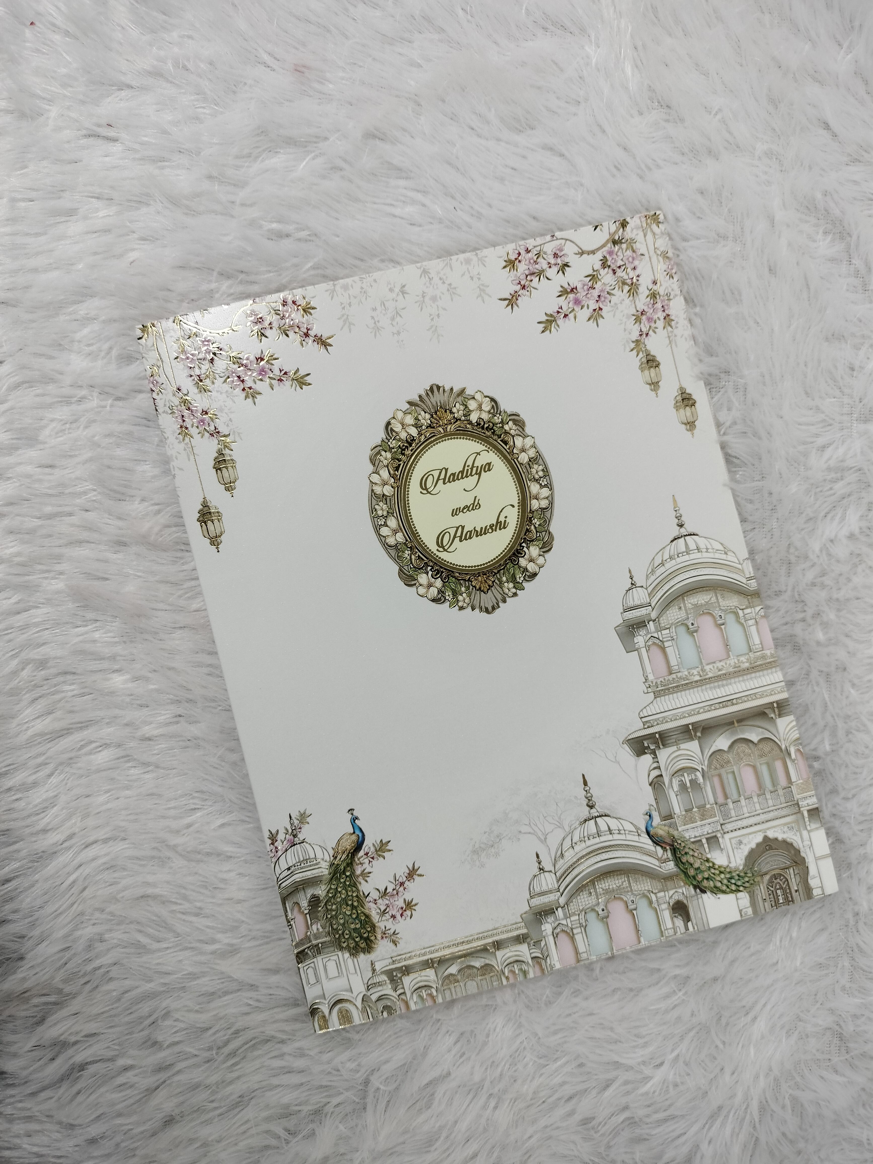 Cream Wedding Invitation Card with Palace Architecture Peacocks and Floral Crest ("AC-504")