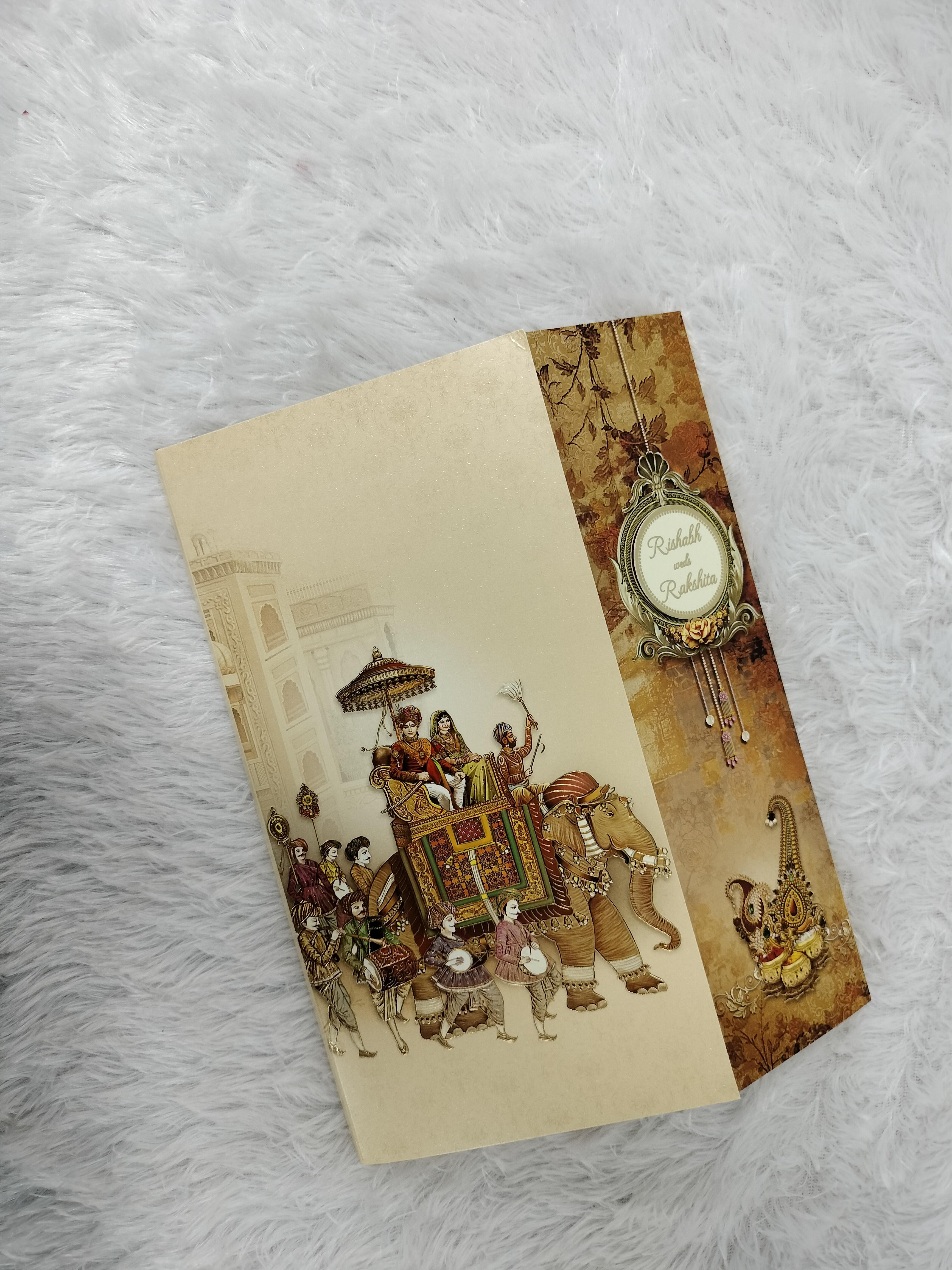 Royal Indian Elephant Procession Beige and Brown Wedding Invitation Card ("AC-507")