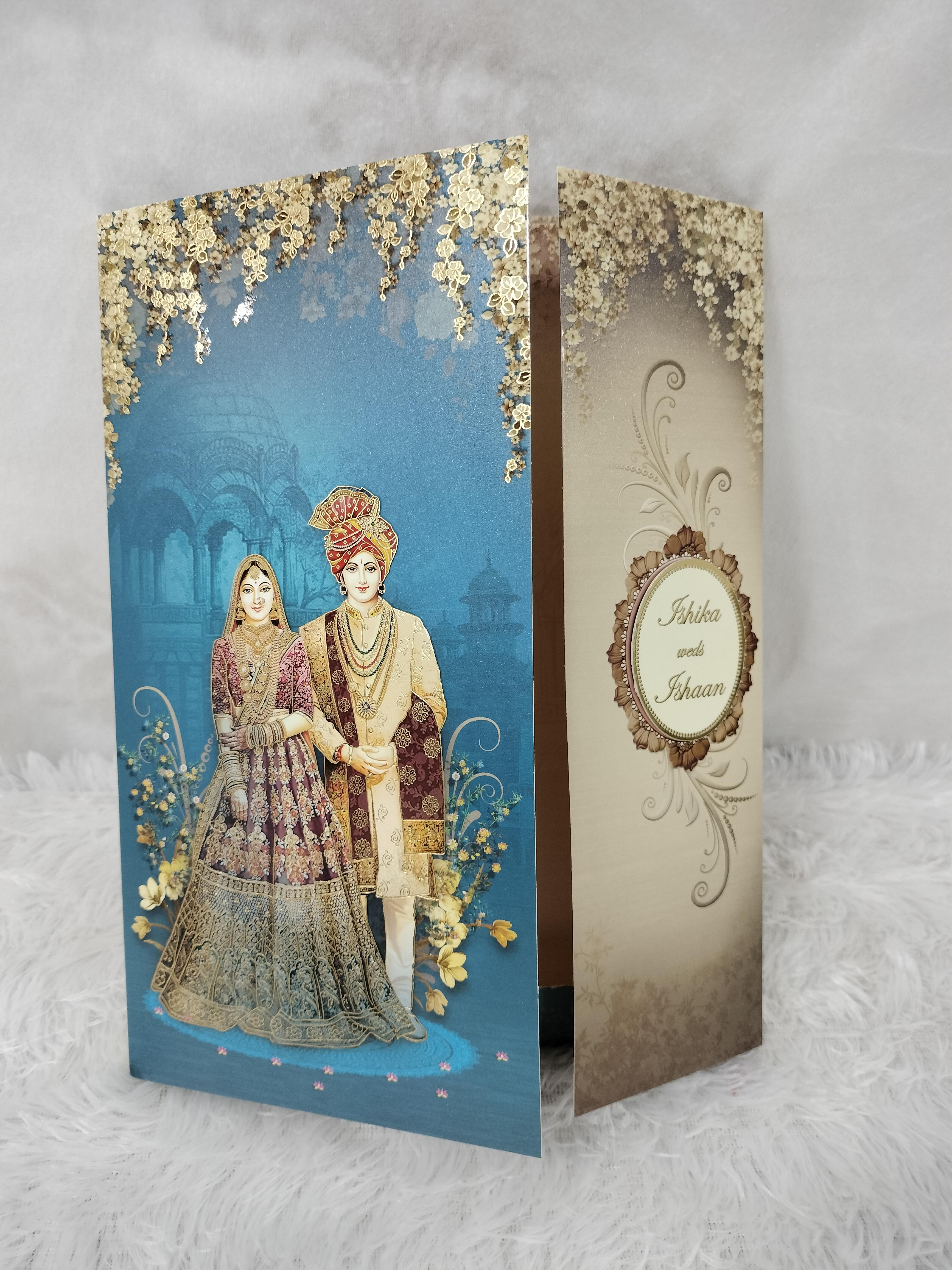 Teal Blue Traditional Indian Bride Groom Illustration Wedding Invitation Card ("AC-509")
