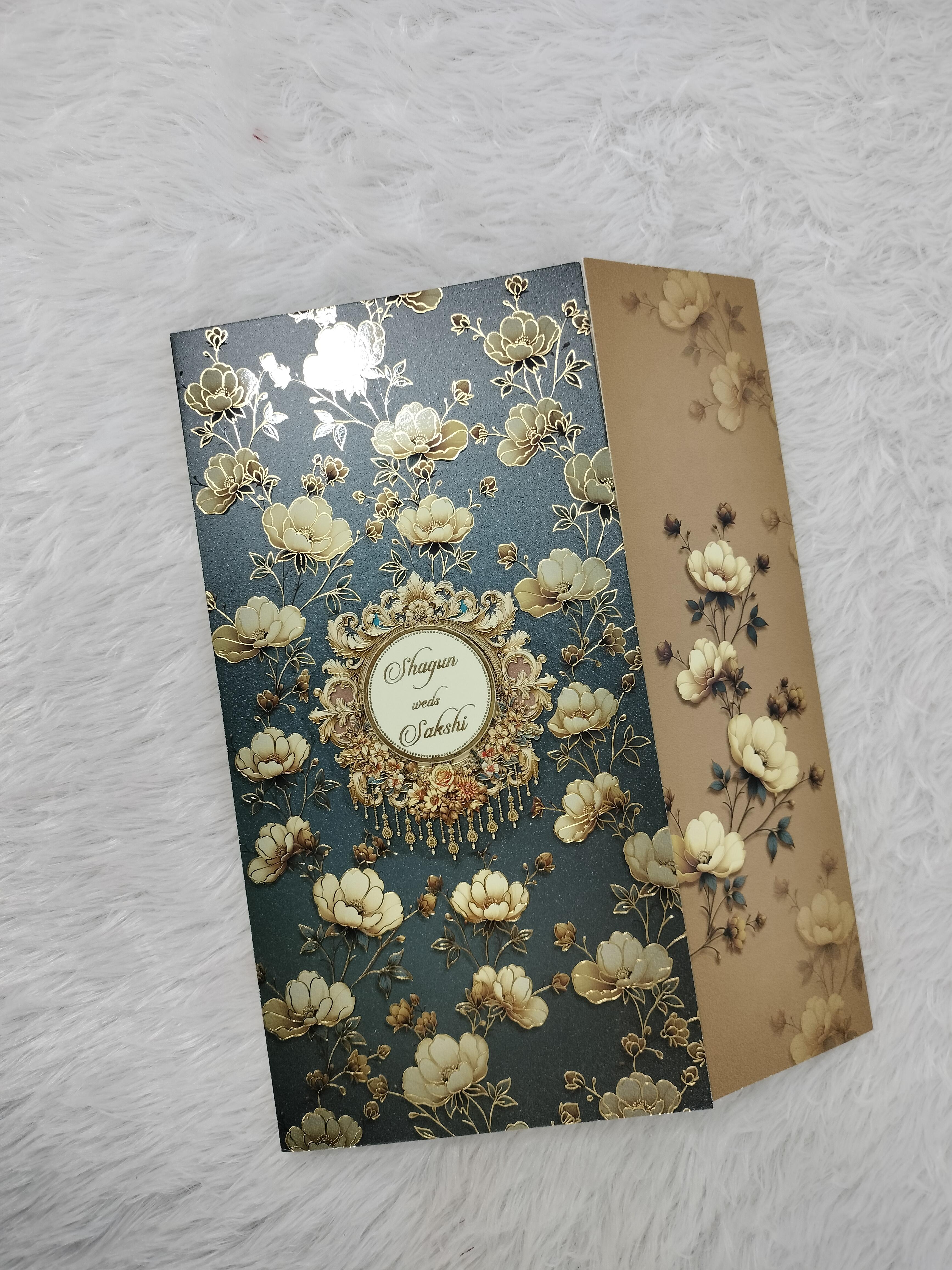 Dark Teal Wedding Invitation Card with Golden Floral Patterns and Ornate Frame ("AC-510")