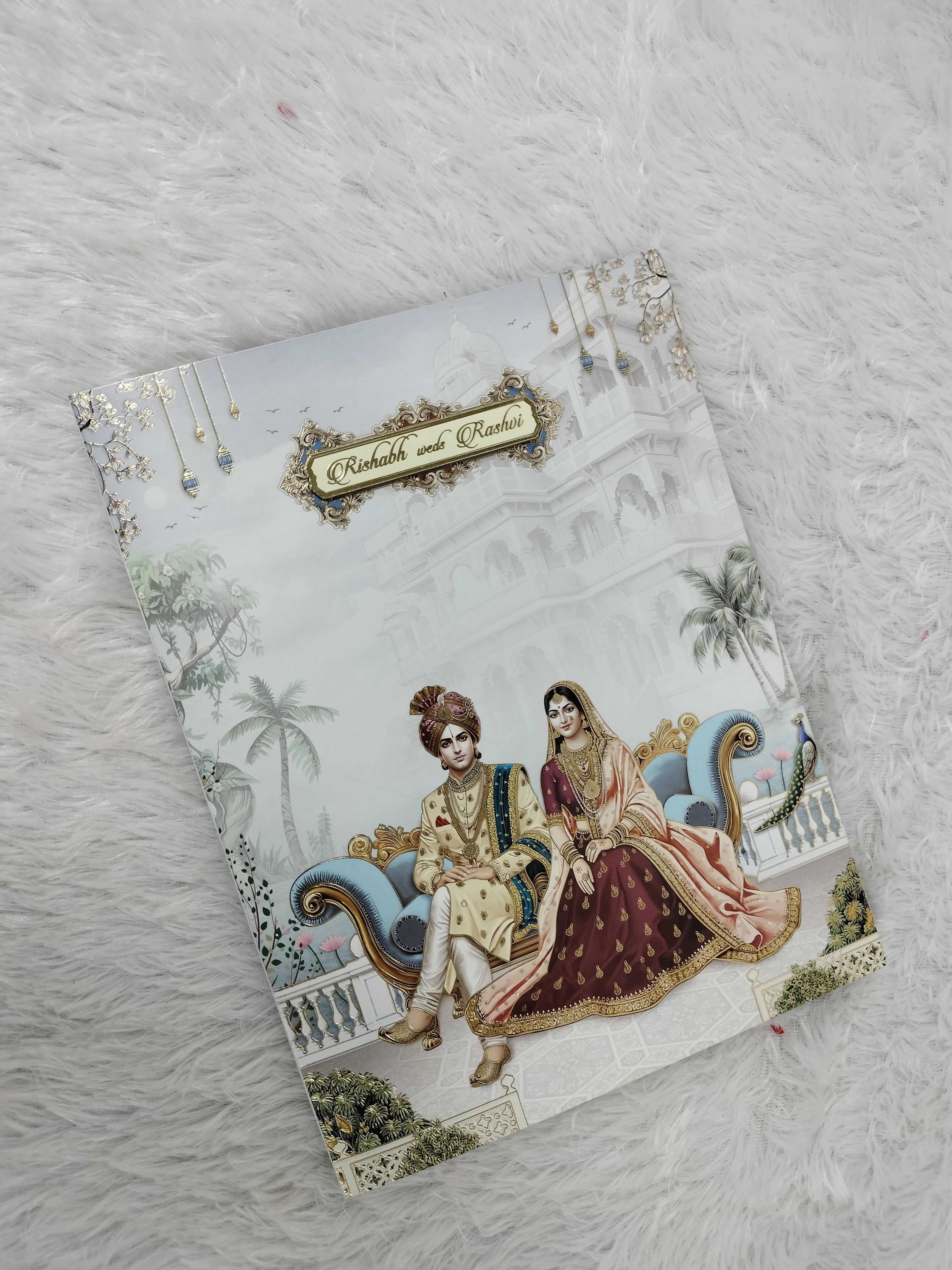 Royal Indian Couple Illustration Wedding Card with Palace Backdrop ("AC-511")