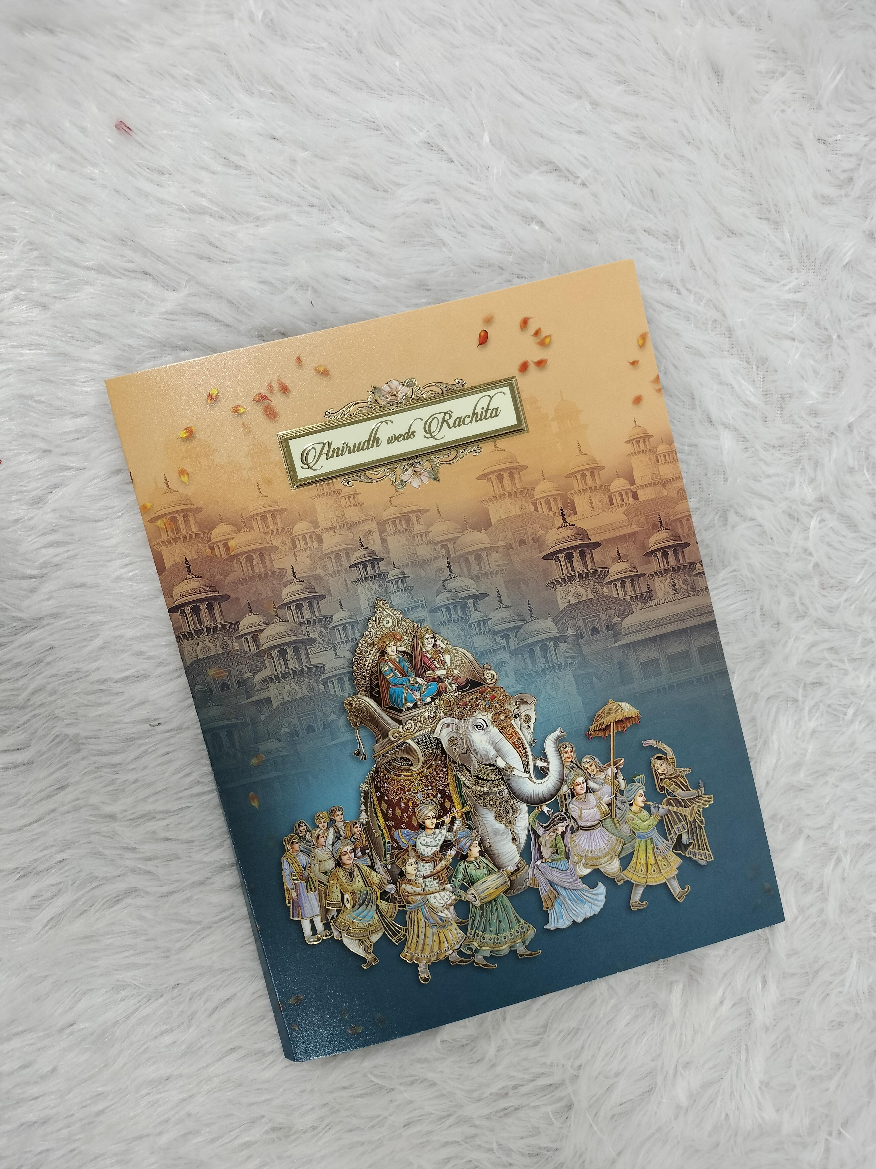 Peach and Teal Royal Baraat Wedding Invitation Card with Palace Silhouette ("AC-517")