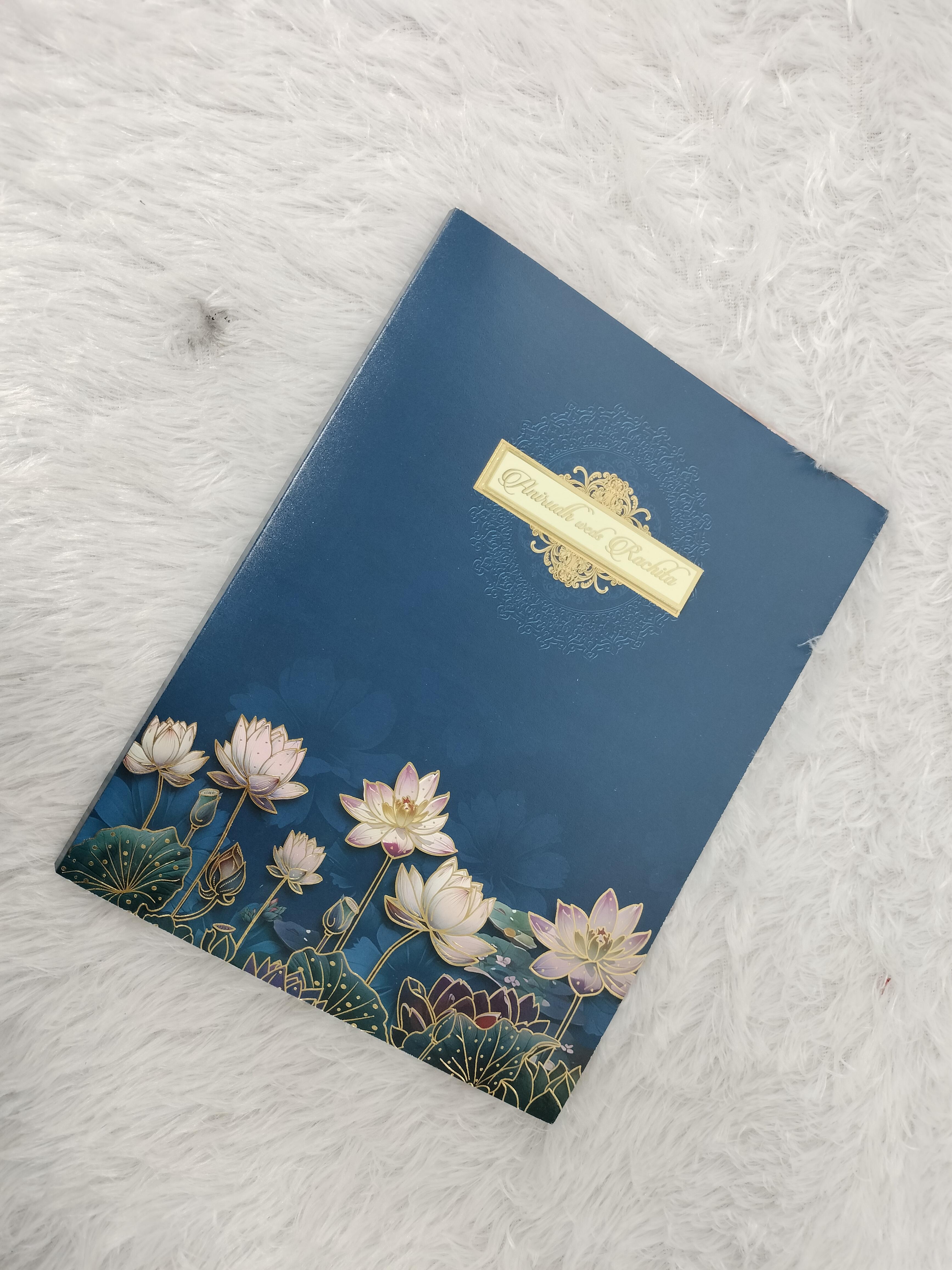 Deep Blue Wedding Invitation Card with Lotus Floral Artwork ("AC-518")