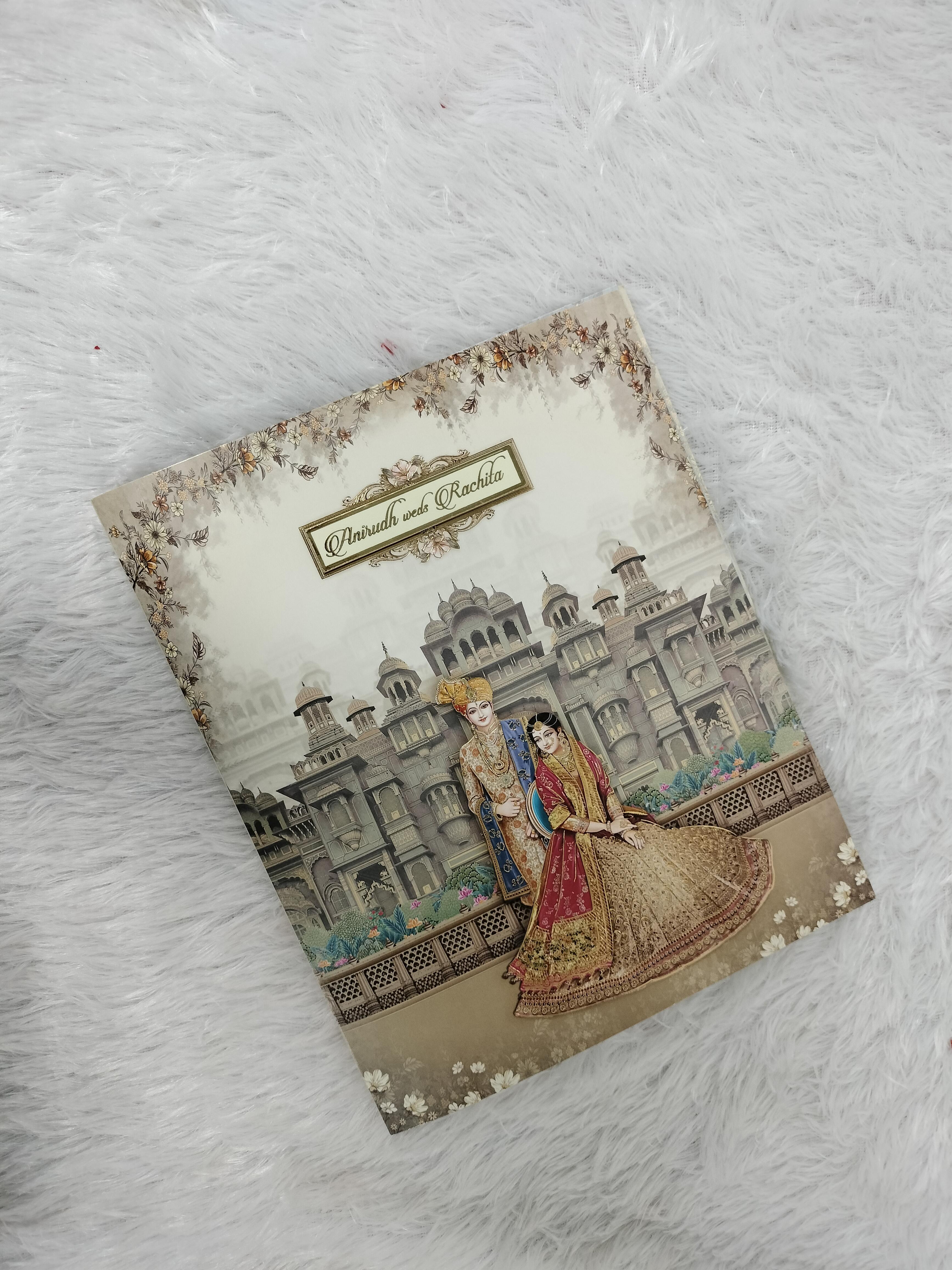Traditional Cream Wedding Invitation Card with Palace Architecture and Couple Illustration ("AC-521")