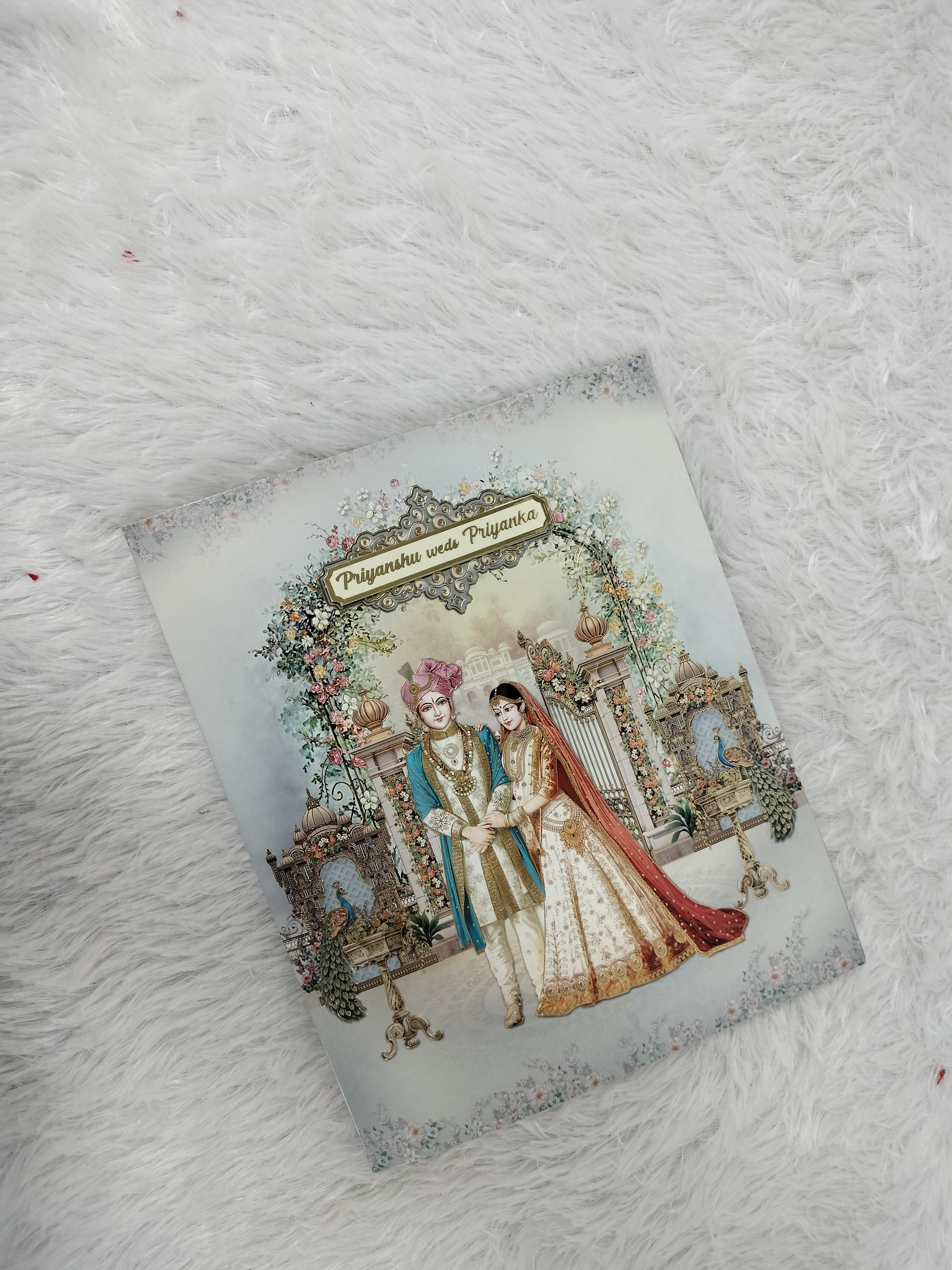 Pastel Floral Wedding Invitation Card with Royal Bride and Groom Illustration ("AC-525")