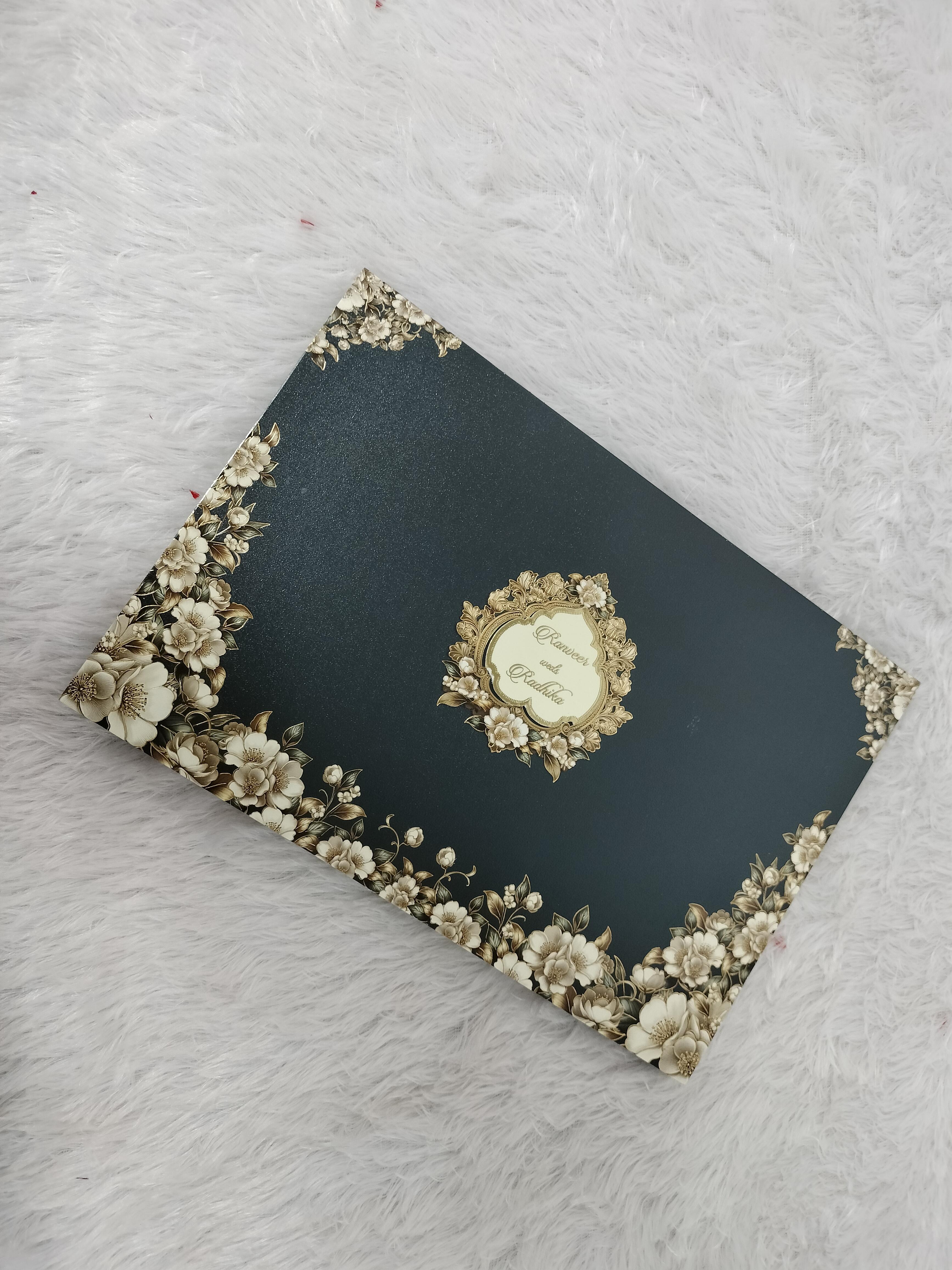 Dark Teal Wedding Card with Golden Floral Border and Central Crest Frame ("AC-529")