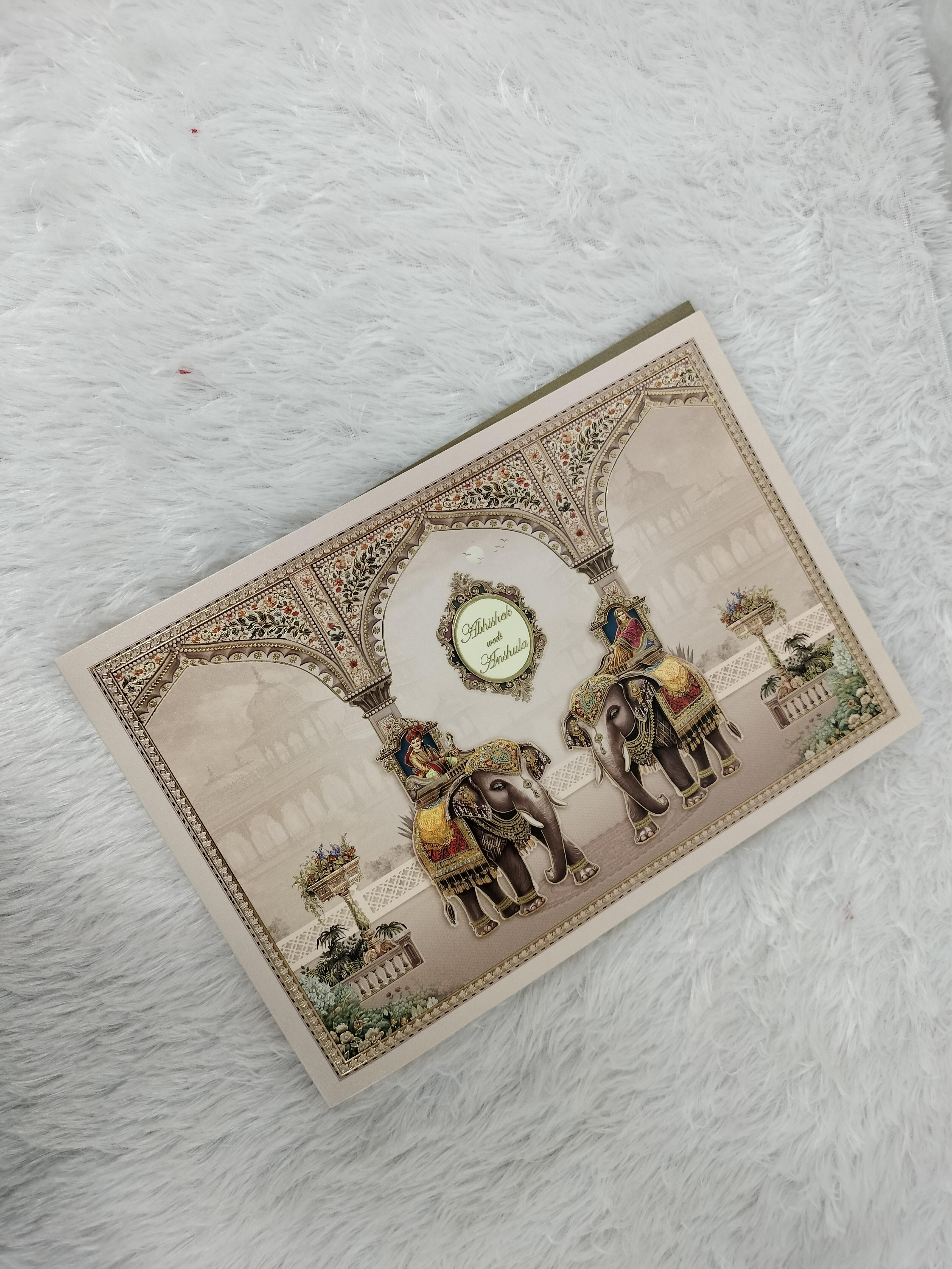 Royal Indian Wedding Invitation Card with Decorated Elephants and Arch Motif ("AC-534")