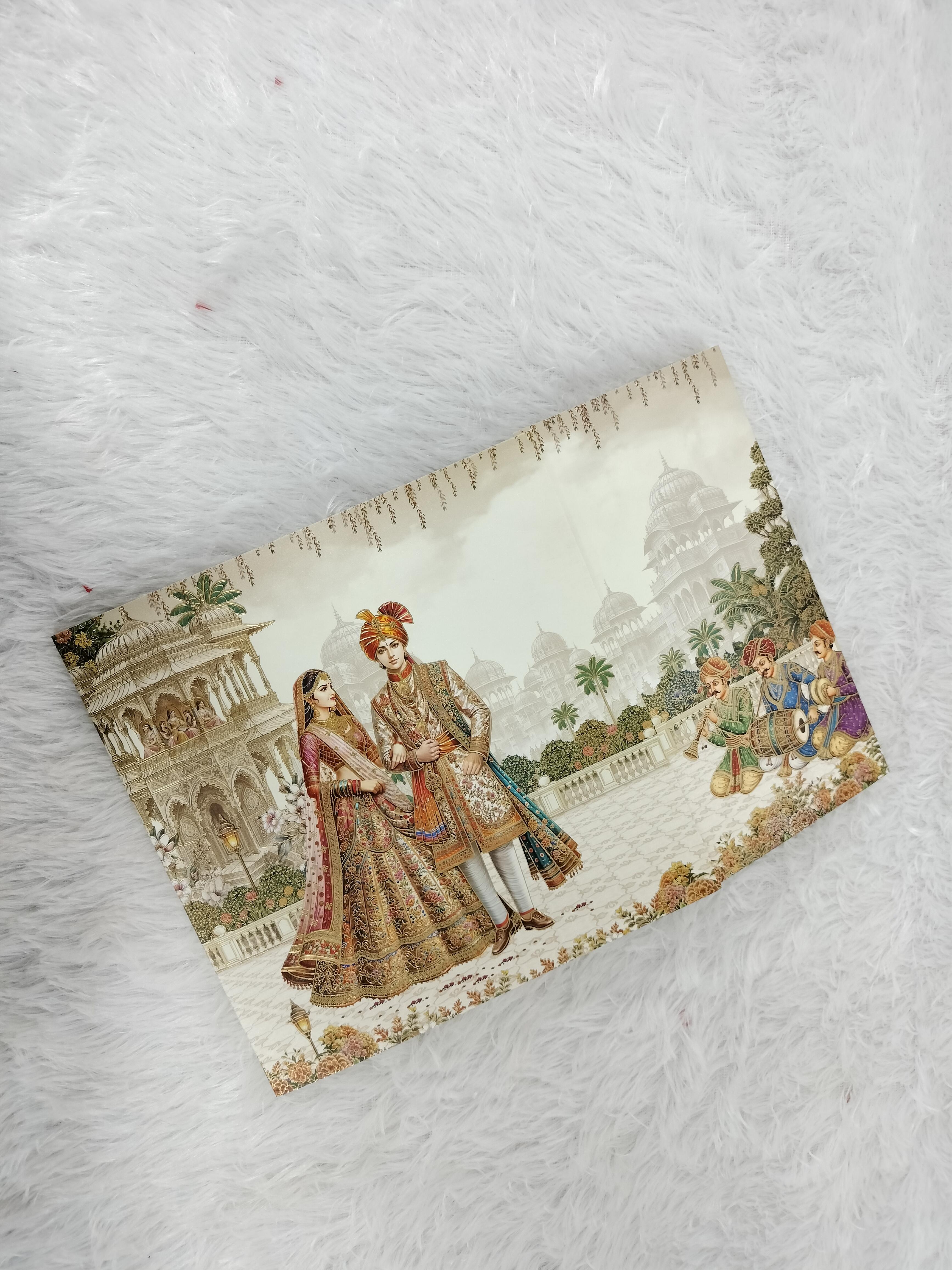 Cream Traditional Indian Bride Groom Palace Architectural Wedding Invitation Card ("AC-537")