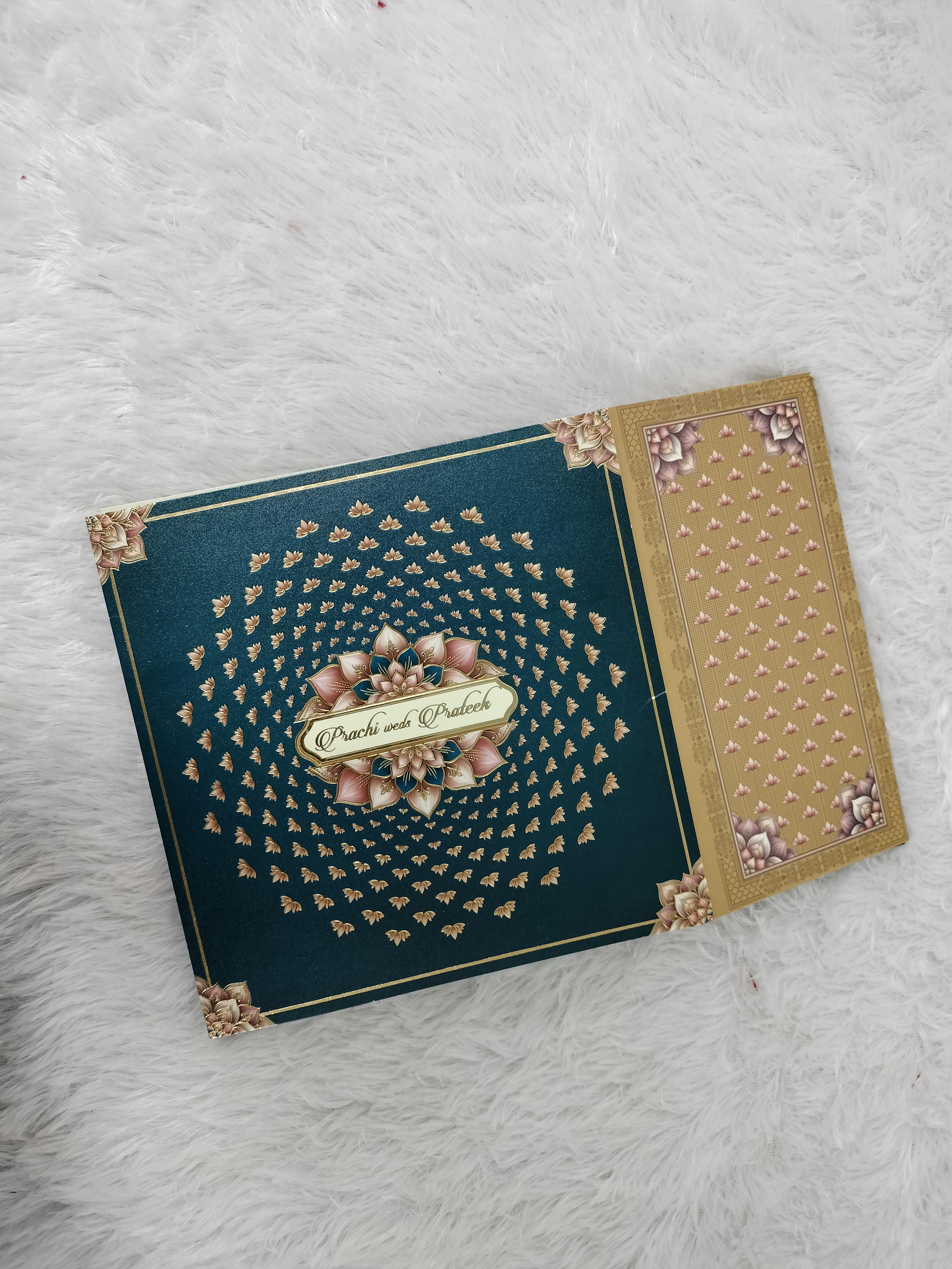 Teal and Gold Wedding Invitation Card with Lotus Mandala Pattern ("AC-538")