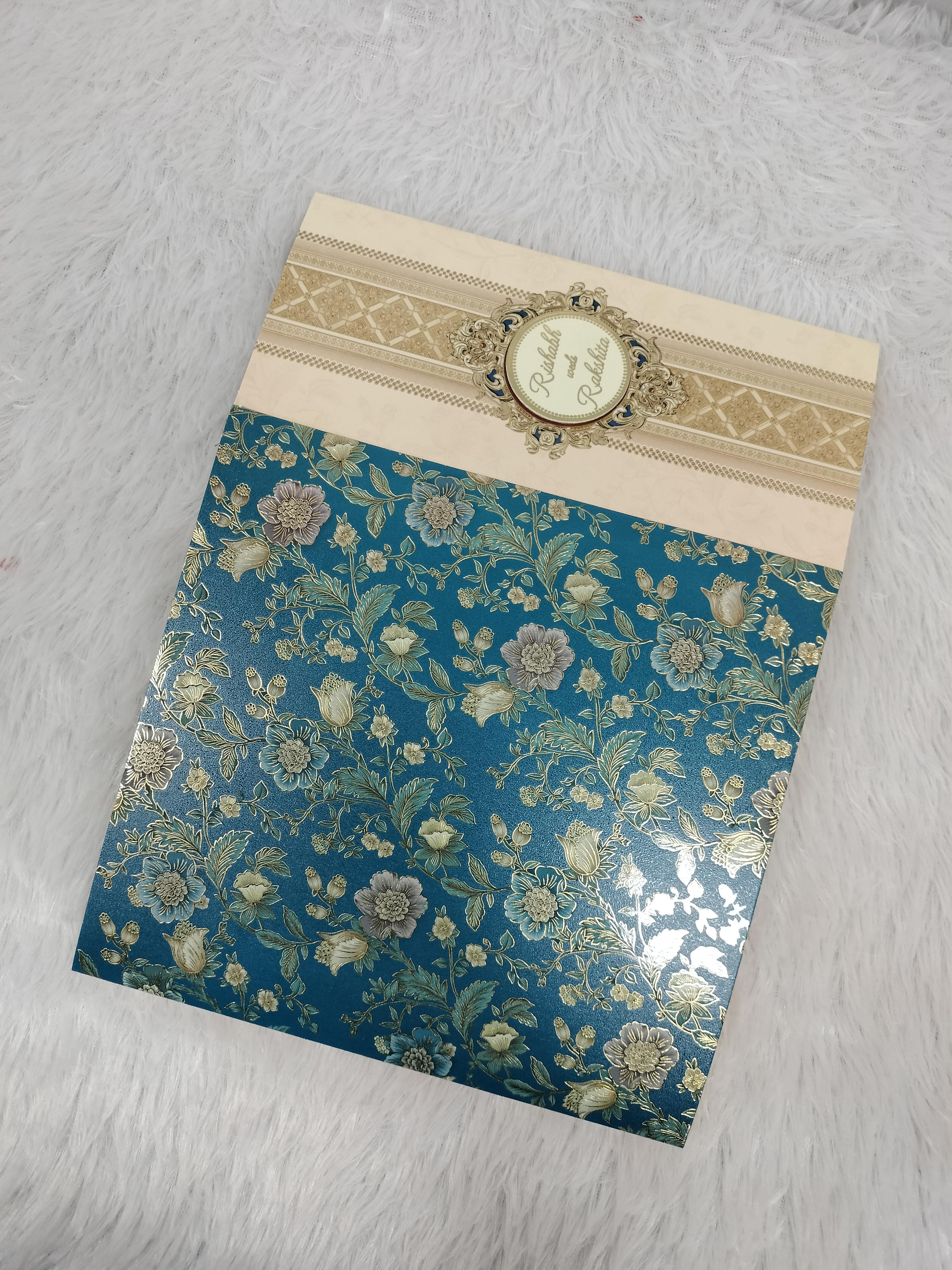 Teal Blue Wedding Invitation Card with Floral Artwork and Cream Gold Border ("AC-541")