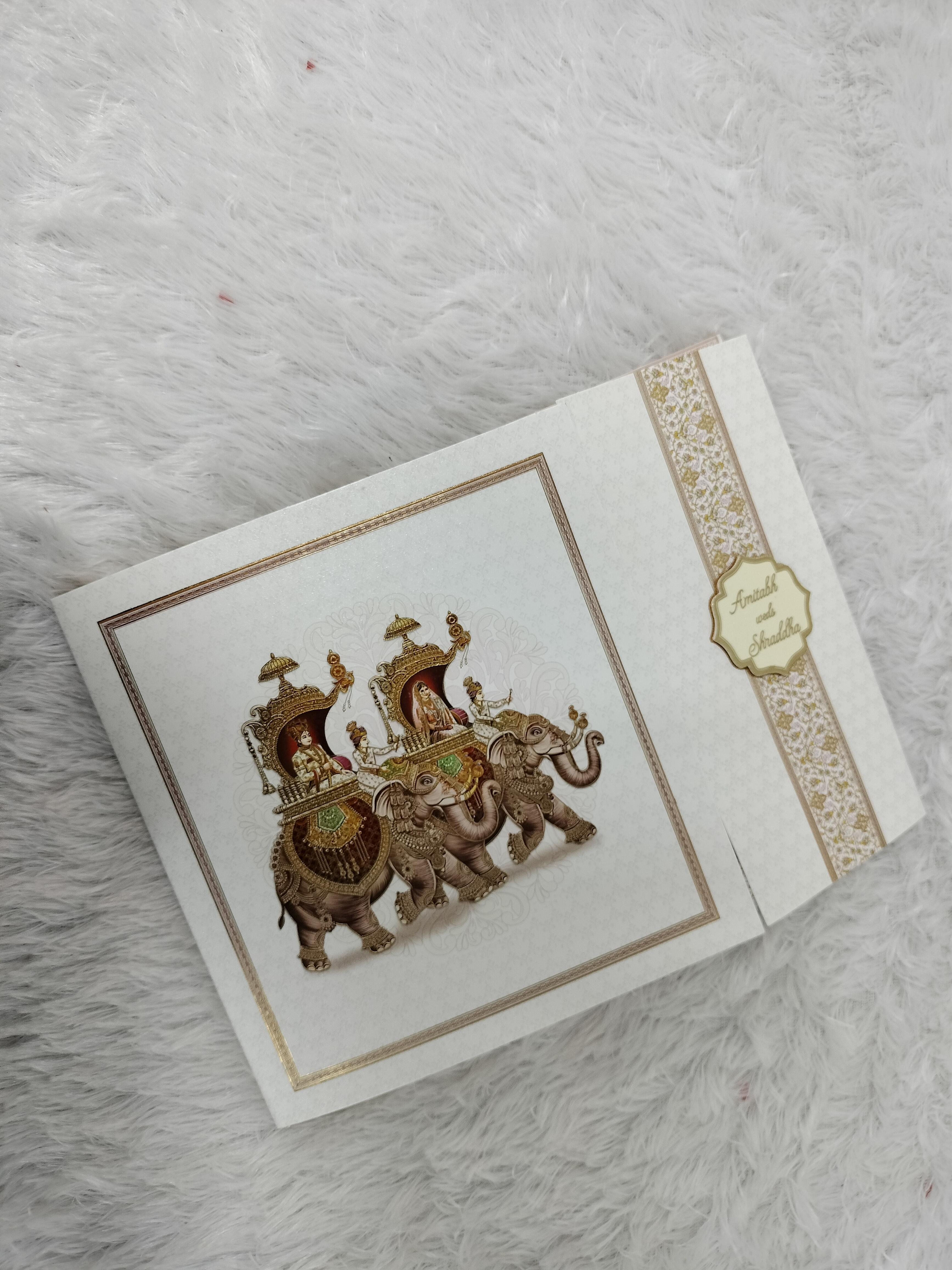 Traditional Off White Wedding Card with Royal Elephant Procession Design ("AC-542")