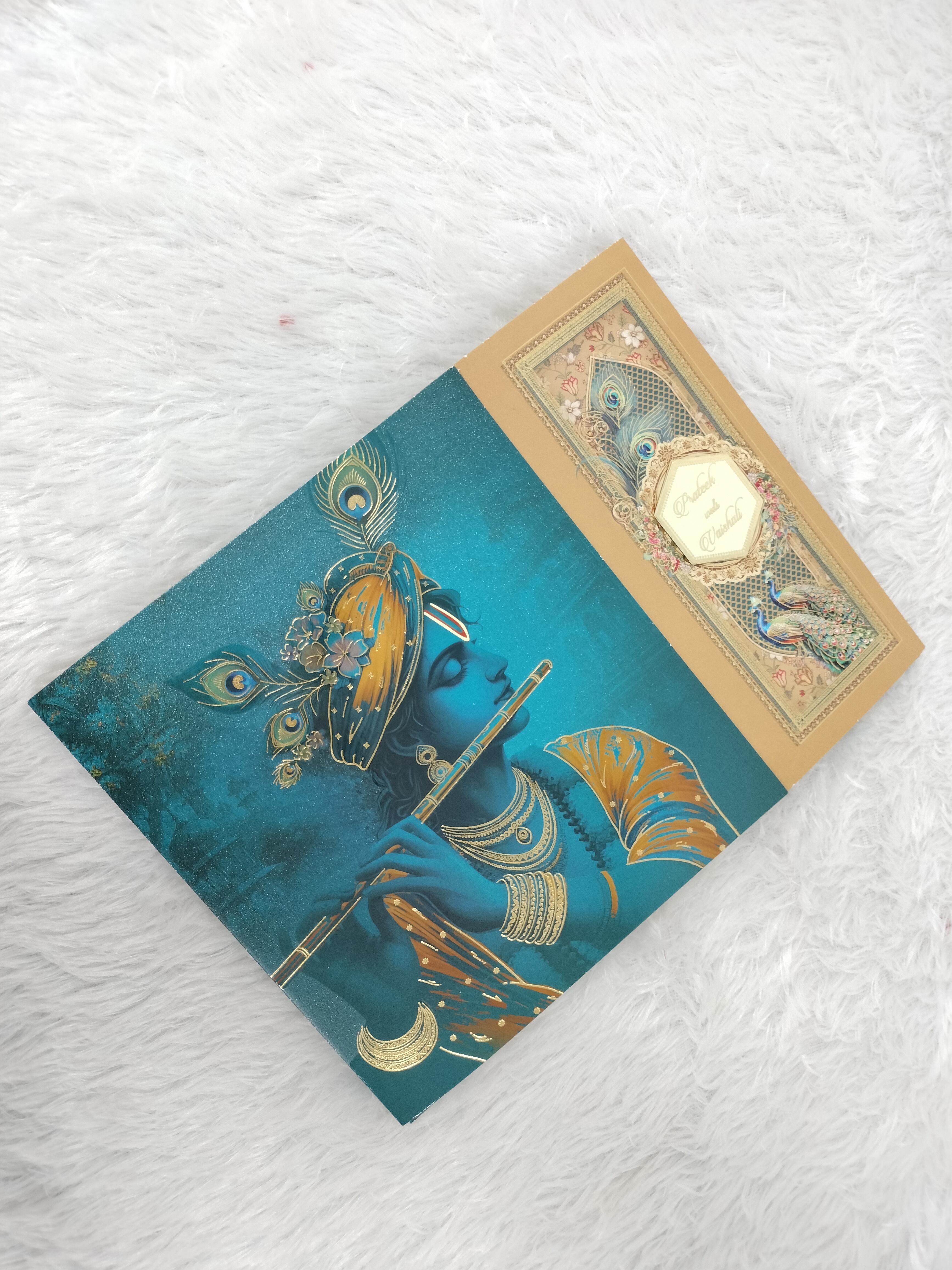 Teal Blue Lord Krishna Flute Motif Wedding Invitation Card ("AC-543")