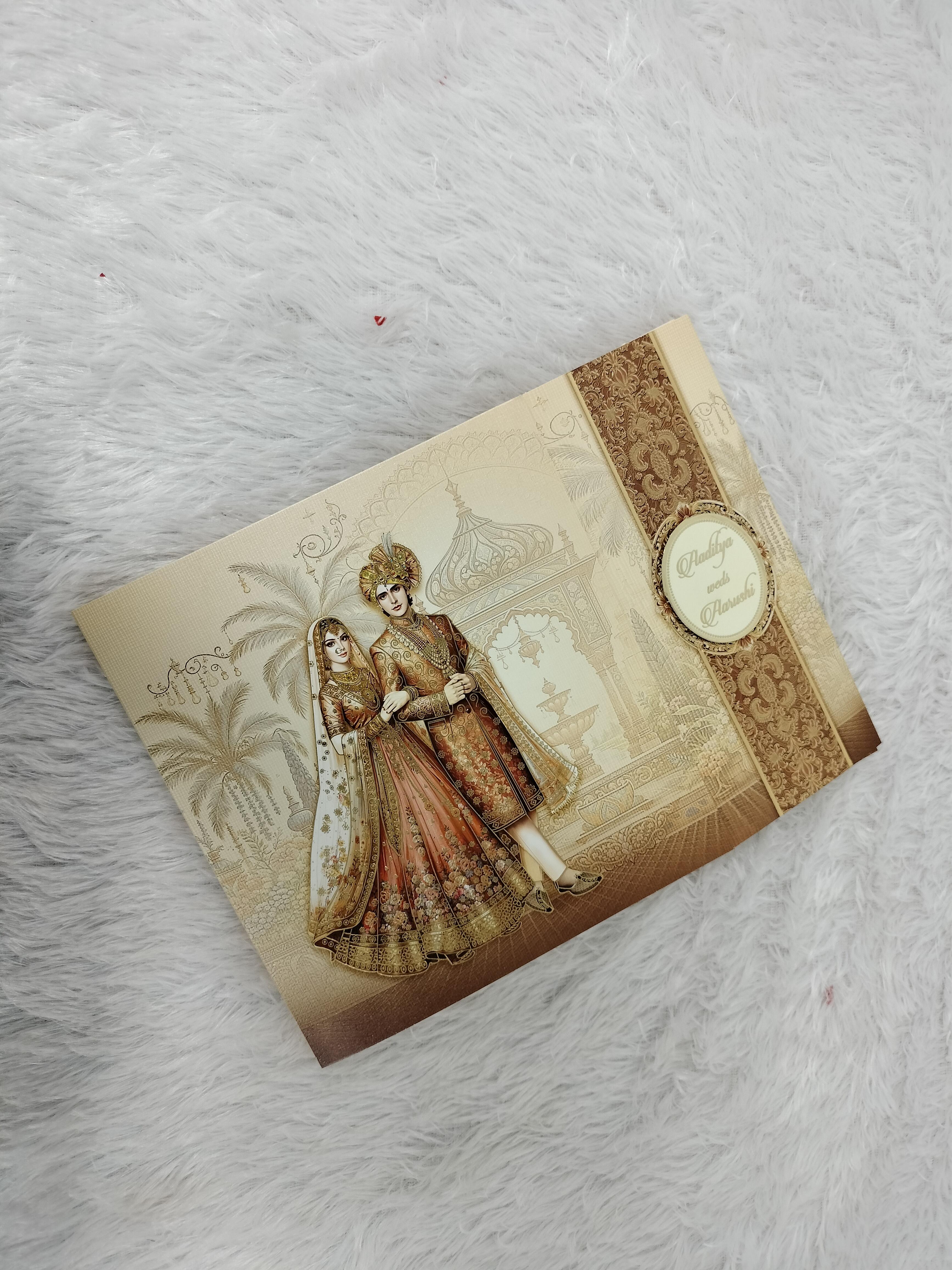 Cream Royal Indian Bride and Groom Palace Motif Wedding Invitation Card ("AC-545")