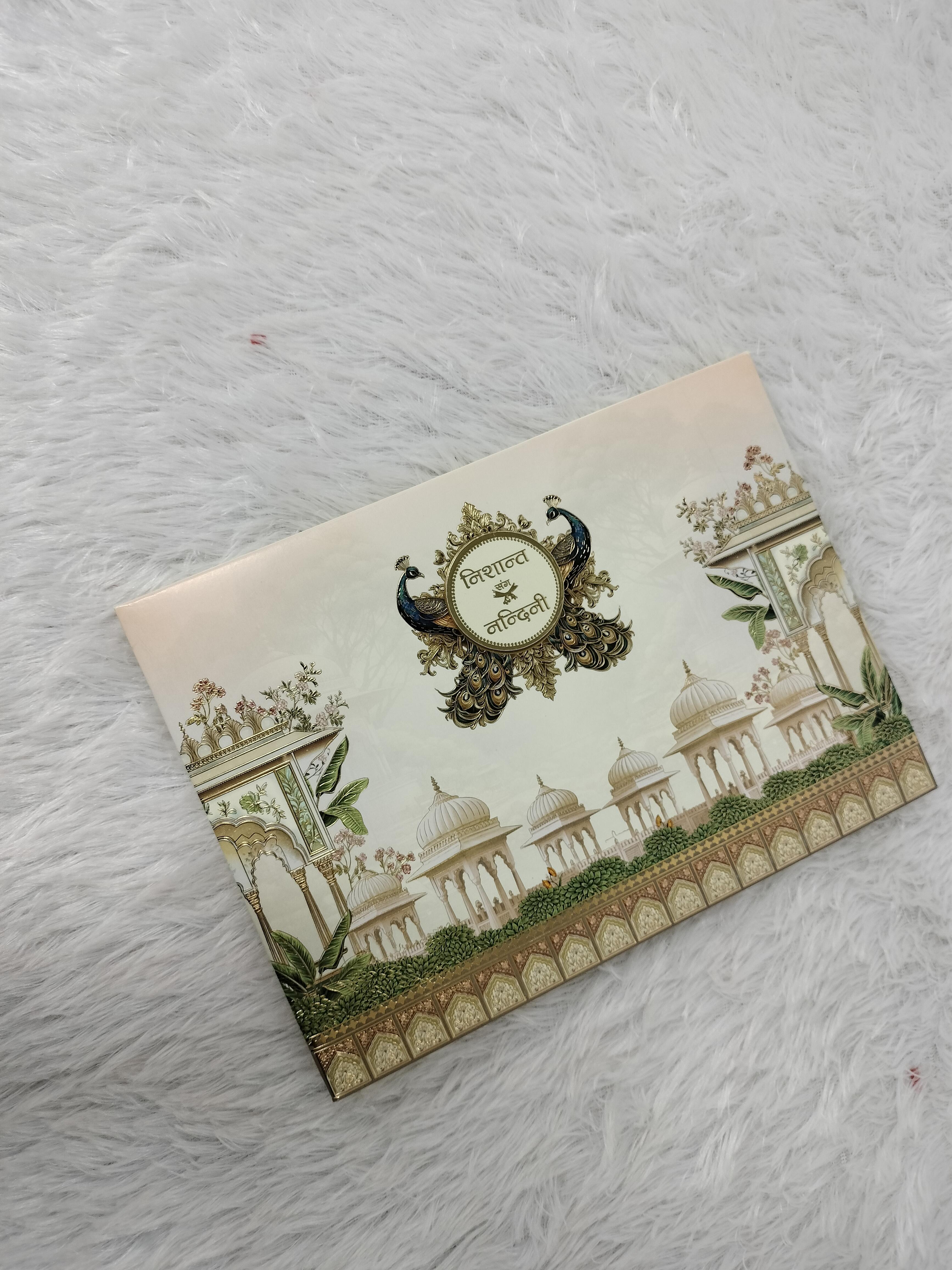 Off White Royal Palace Architecture Wedding Invitation Card with Peacock Motif ("AC-548")