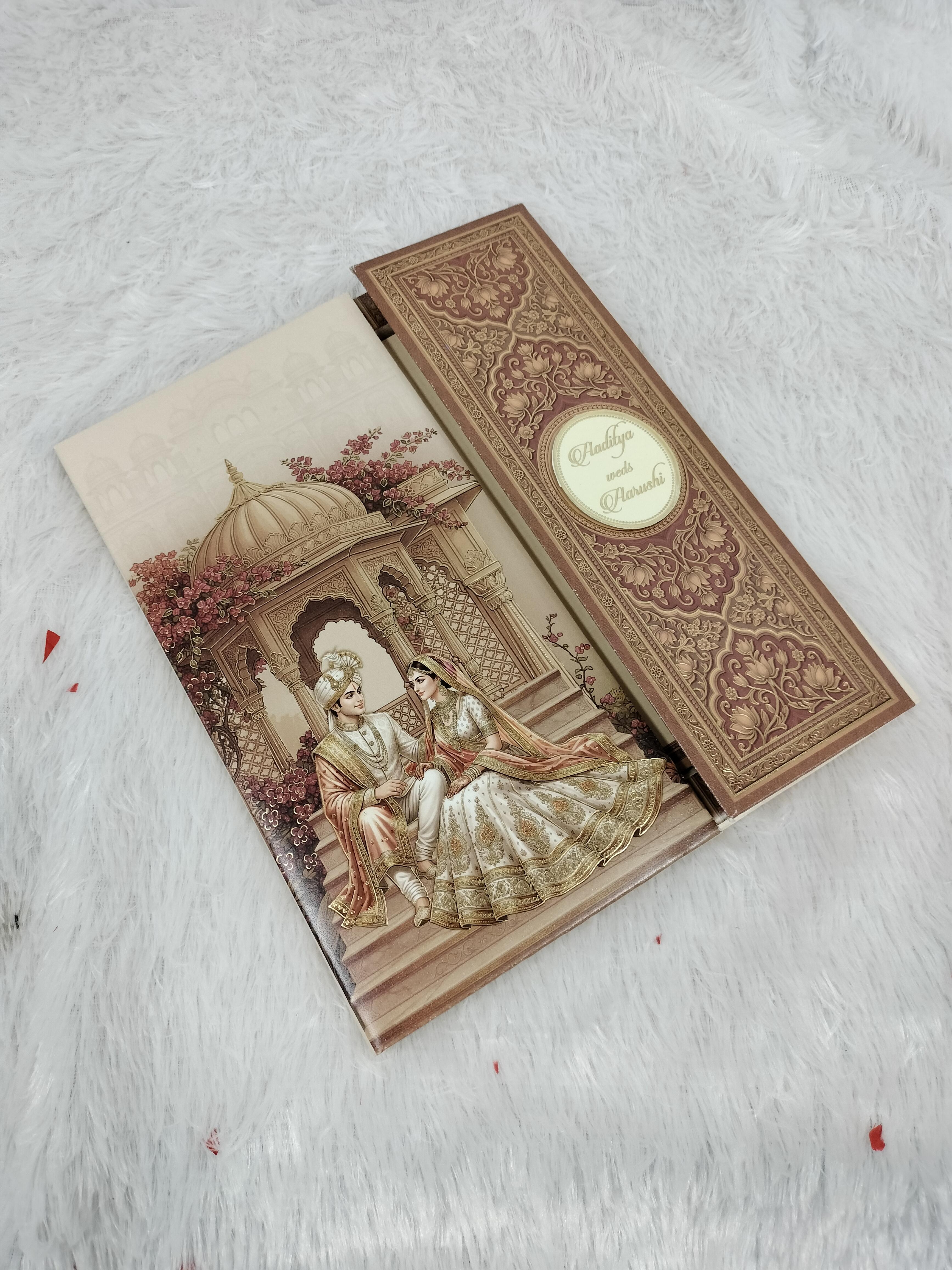 Cream and Brown Royal Bride Groom Illustration Wedding Card with Ornate Pattern ("AC-587")