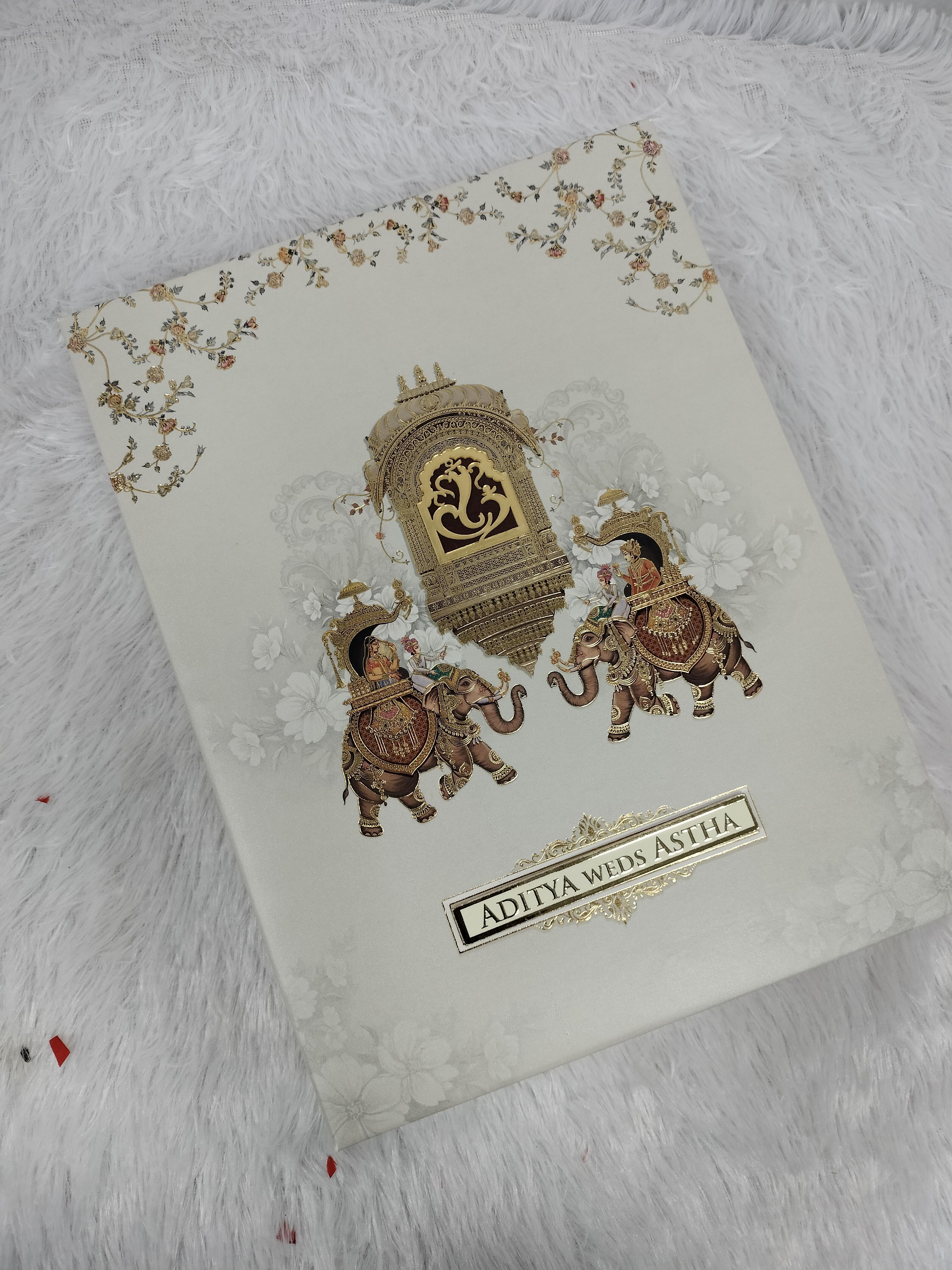 Cream Royal Elephant Procession and Ganesha Jharokha Wedding Invitation Card ("AC-589")