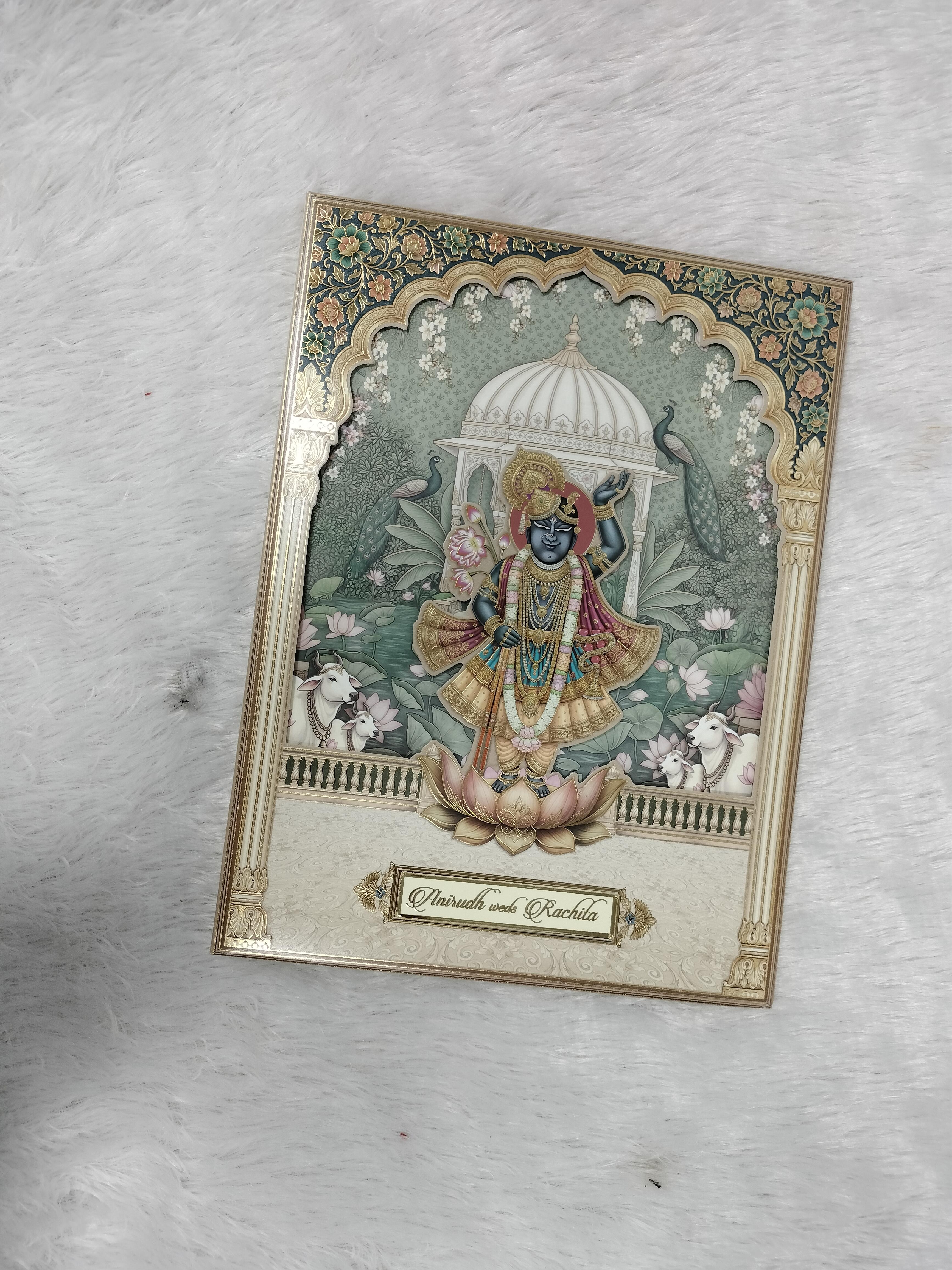 Traditional Pichwai Style Krishna Wedding Invitation Card with Lotus Pond Artwork ("AC-592")