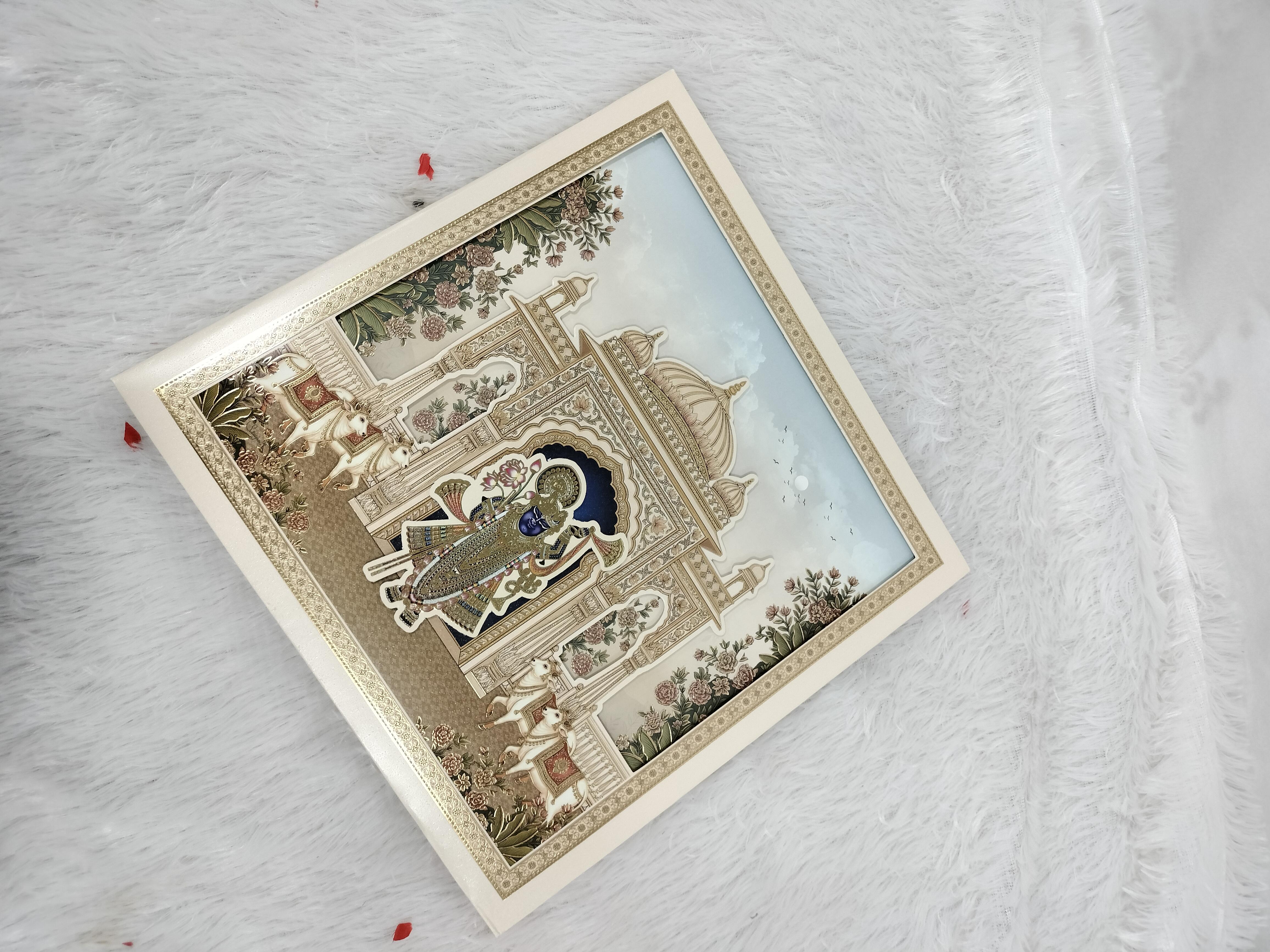 Traditional Shrinathji Artwork Square Wedding Card with Temple Arch and Cows ("AC-621")