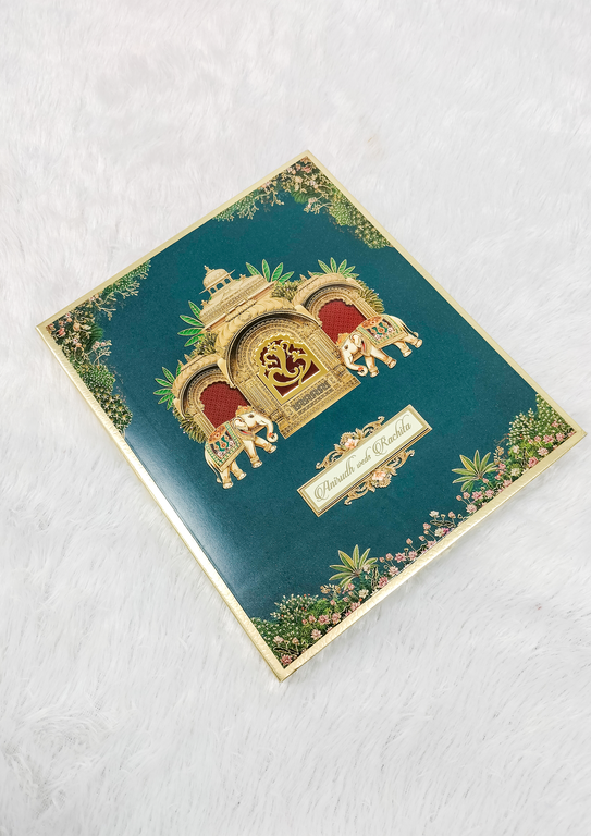 Dark Teal Royal Palace Arch Wedding Card with Ganesha Motif and Elephants ("AC-584")