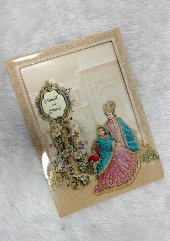 Royal Indian Bride Groom Illustration Wedding Card in Cream and Gold ("AC-583")