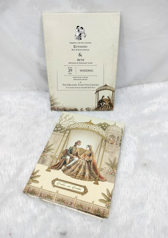 Cream Royal Bride and Groom Illustration Indian Wedding Invitation Card ("AC-566")