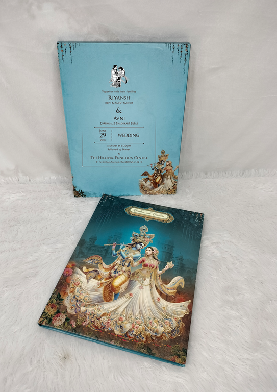 Deep Teal Radha Krishna Illustration Wedding Invitation Card with Floral Accents ("AC-577")