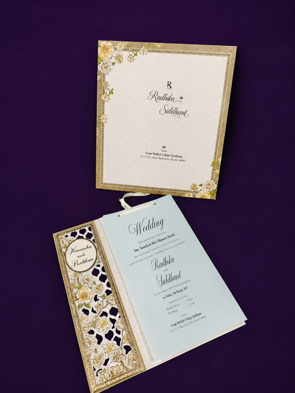 Ivory Floral Pocket Wedding Invitation Card with Laser-Cut Panel, Vellum Overlay and Layered Inserts (529)