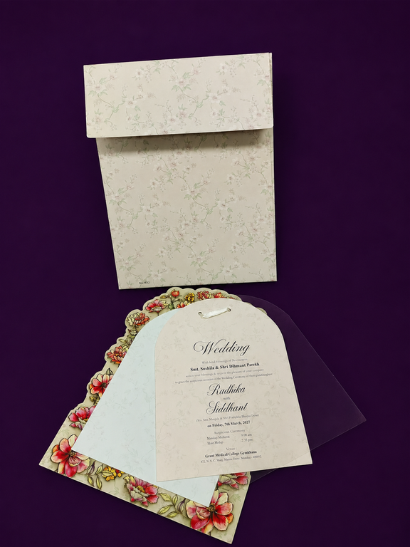 Ivory Arch-Shaped Floral Wedding Invitation Set with Layered Inserts and Translucent Overlay (532)