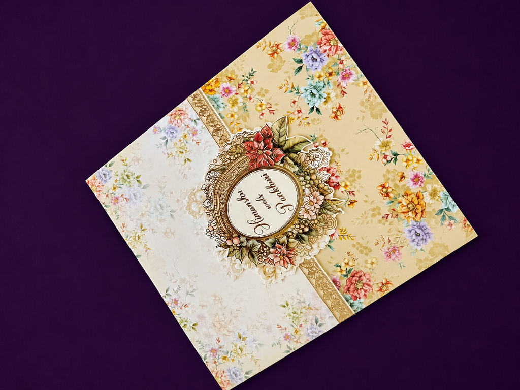Ivory and Golden Yellow Floral Wedding Invitation Card with Ornate Personalised Medallion (534)