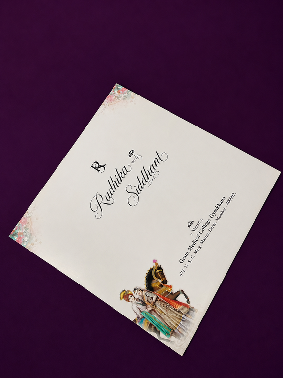 Royal Indian Bride-Groom Wedding Invitation Card with Decorated Horse and Palace Artwork (554)