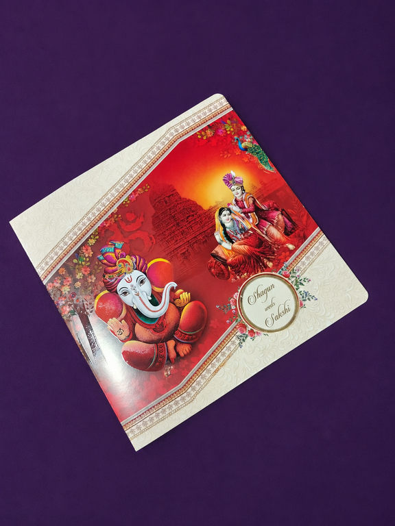 Red Ganesh Wedding Invitation Card with Traditional Bride-Groom Artwork and Temple Design (555)